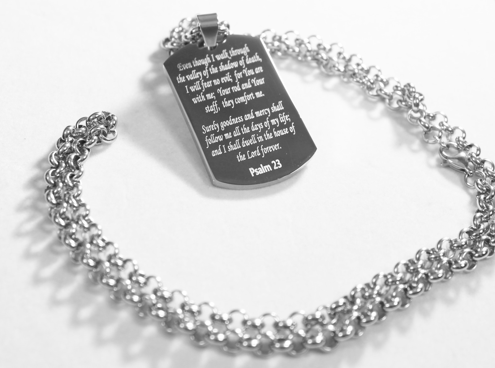 PSALM 23 THICK NECKLACE DOG TAG STAINLESS STEEL ROLO CHAIN PRAYER MEMORIAL