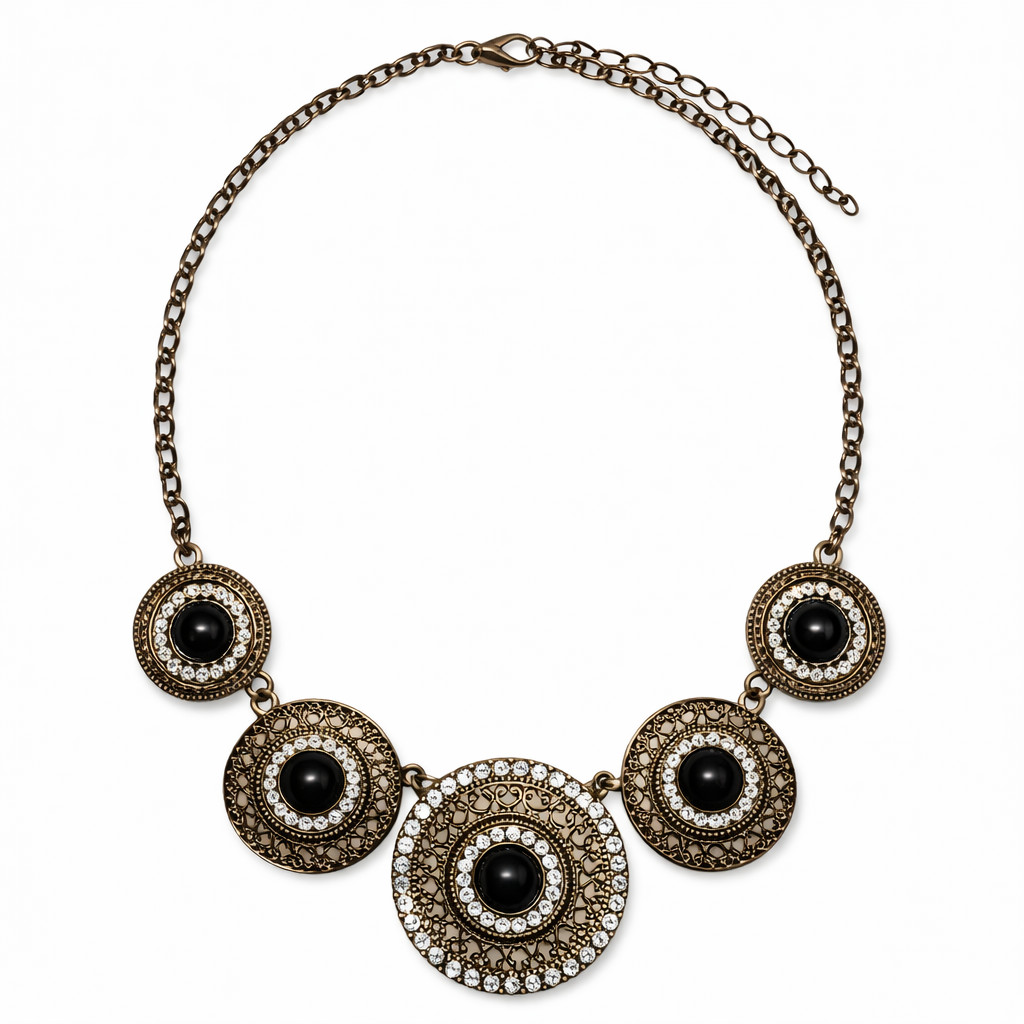 Vintage Style Statement Necklace Black Stone Medallion Boho Antique Look R&B
