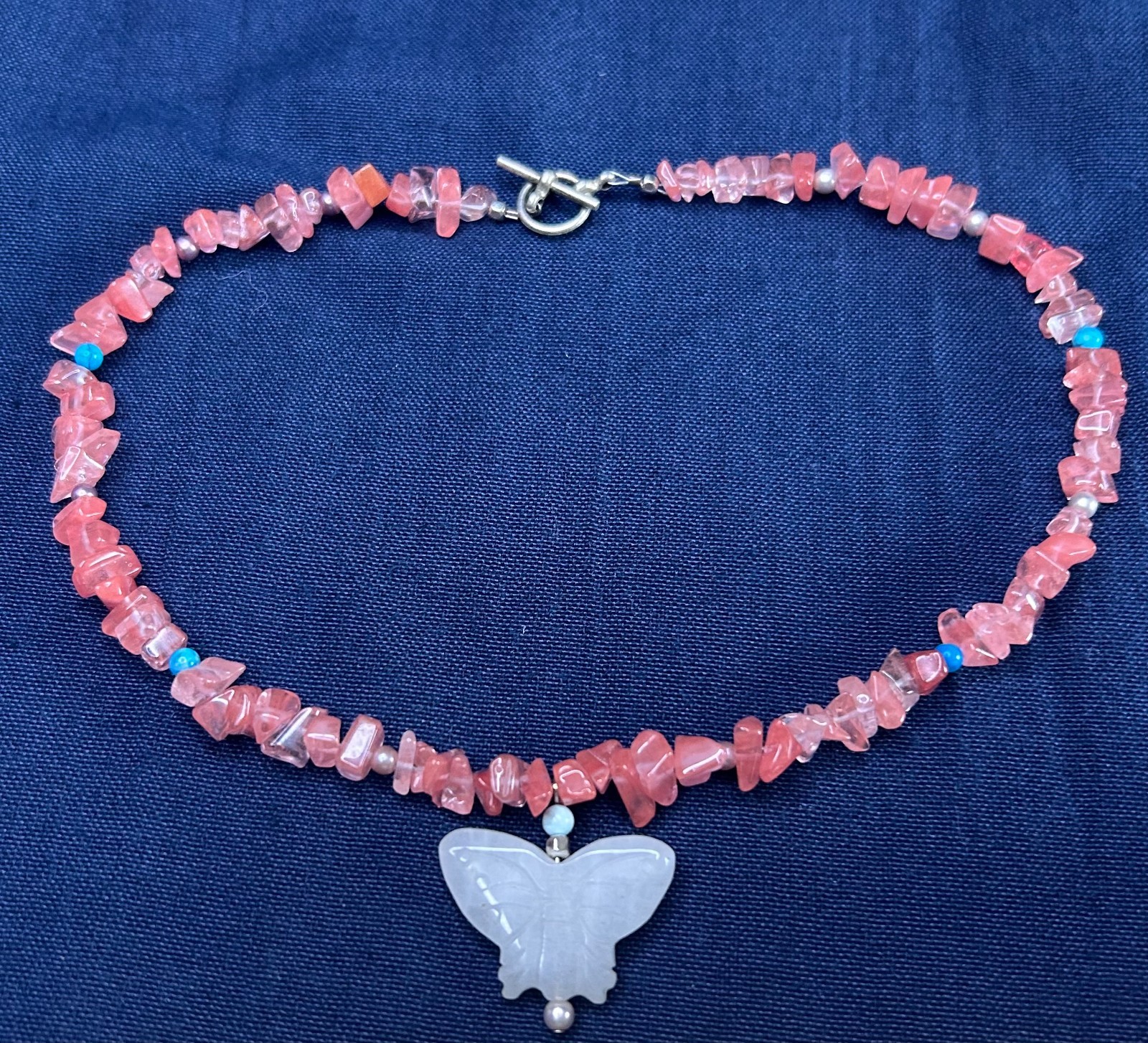 Choker Necklace, Cherry Quartz Chip Stone Chain with Butterfly Pendant