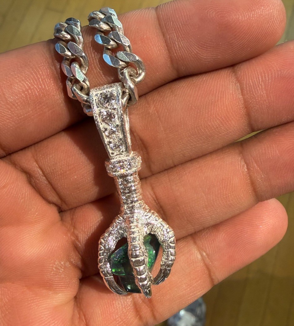 TraxNYC claw Silver Chain free form Opal Pendant Green Stone Prong Set 925silver