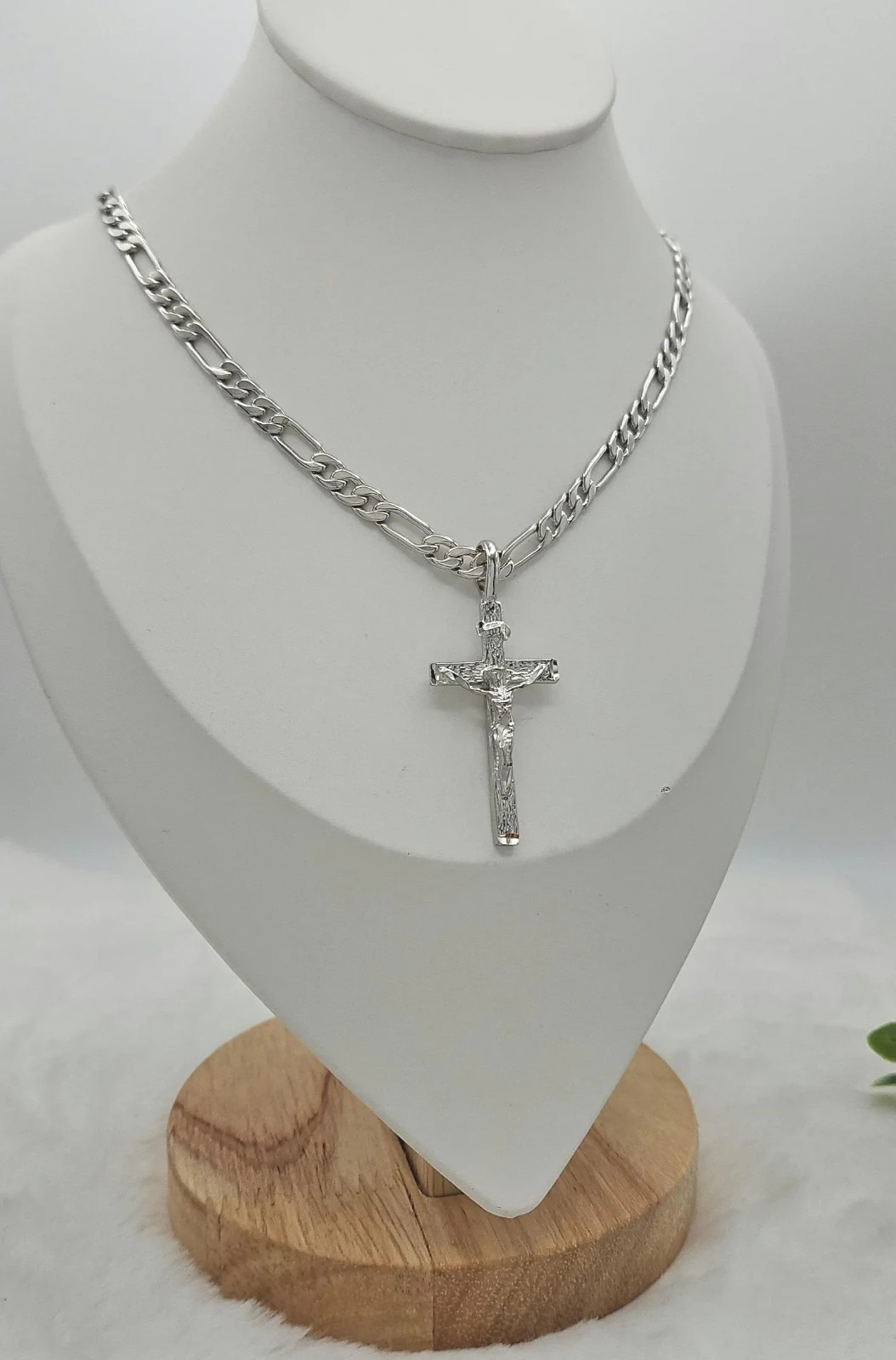 Silver Crucifix Necklace: 5mm Figaro Chain, Rhodium Plated, Men’s Necklace