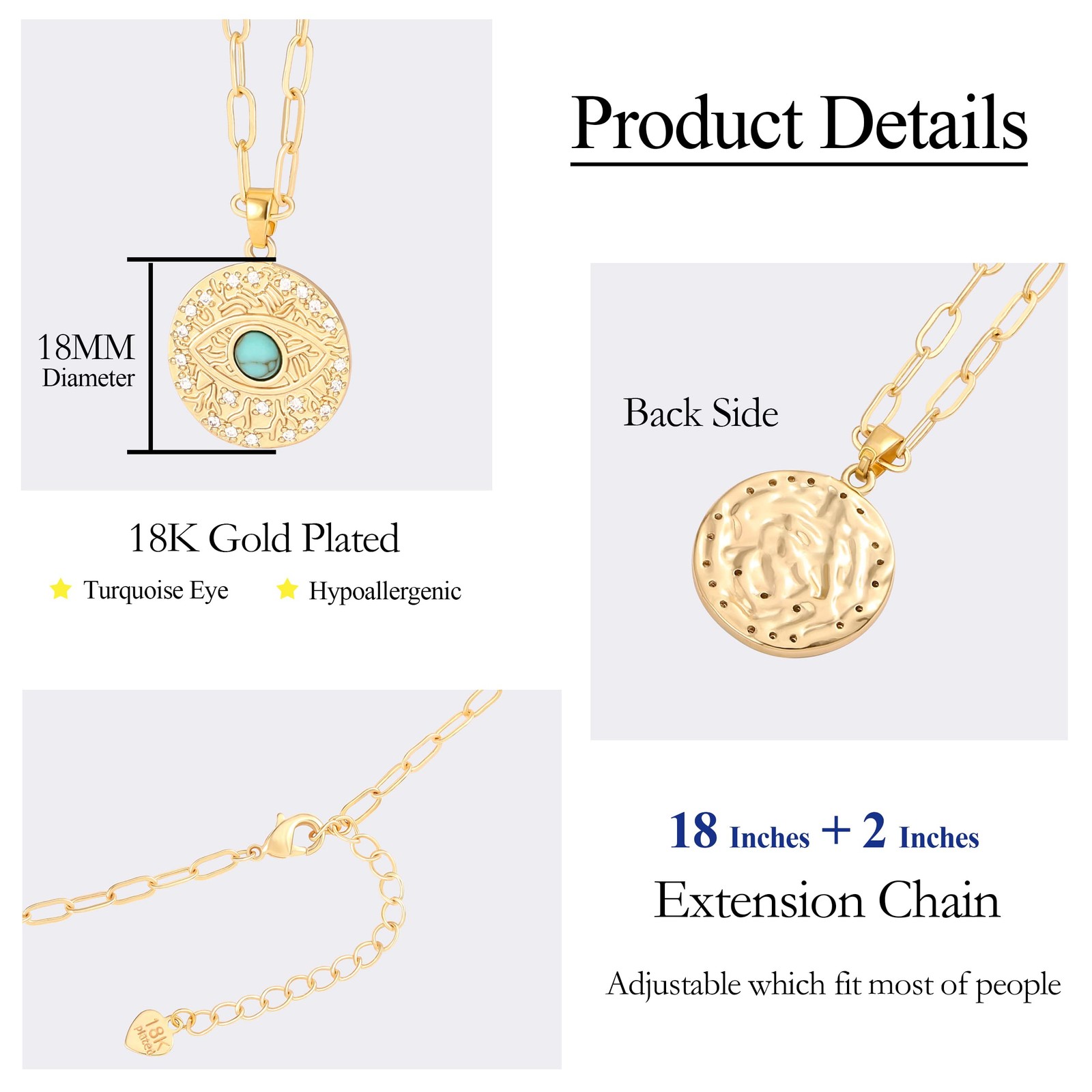 Aobei 18 inches (chain length), 18mm (pendant size), 18K Gold Plated Evil Eye