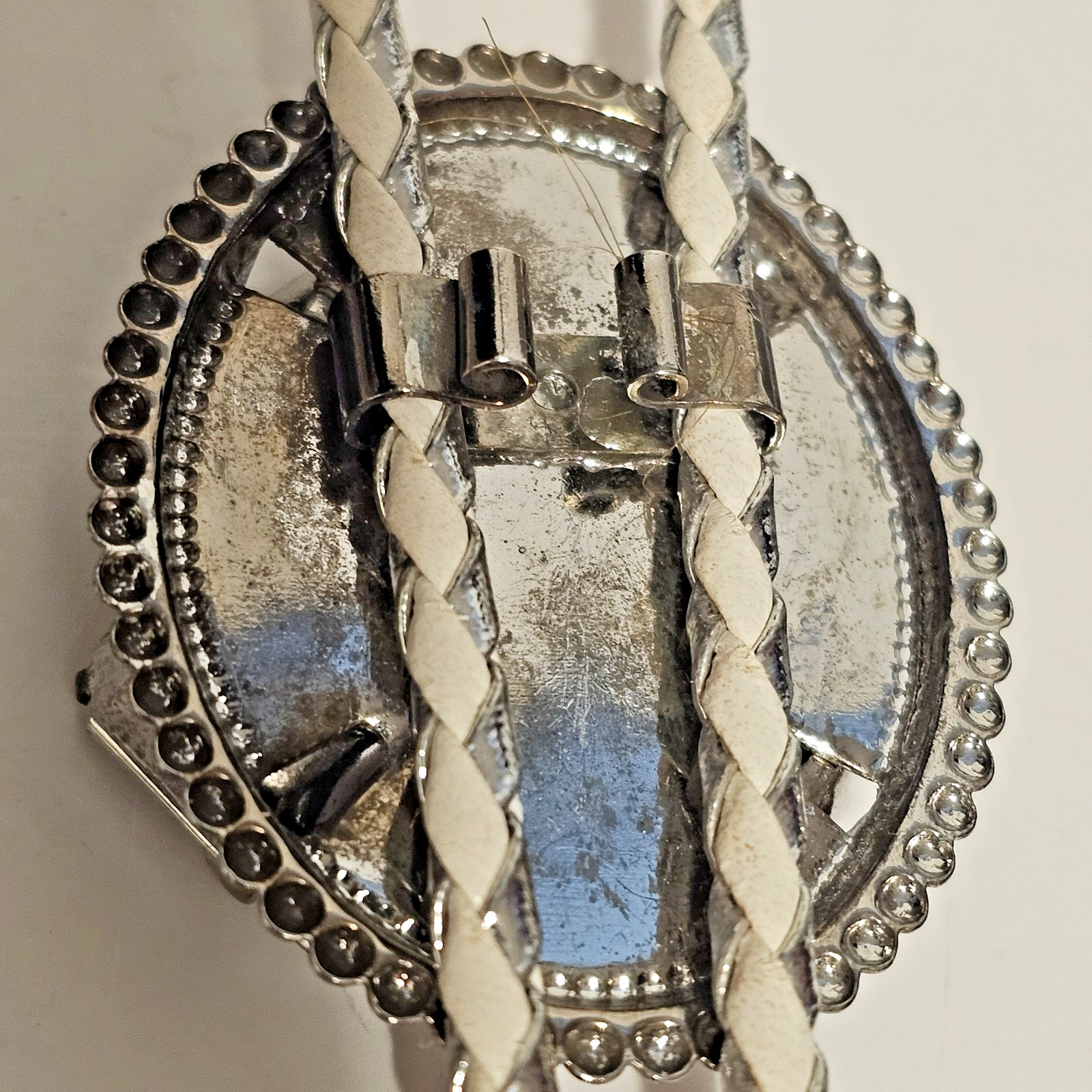VTG White Silver Tone Braided Bolo Tie Chunky Crystal Prong Set Stones SW GLAM
