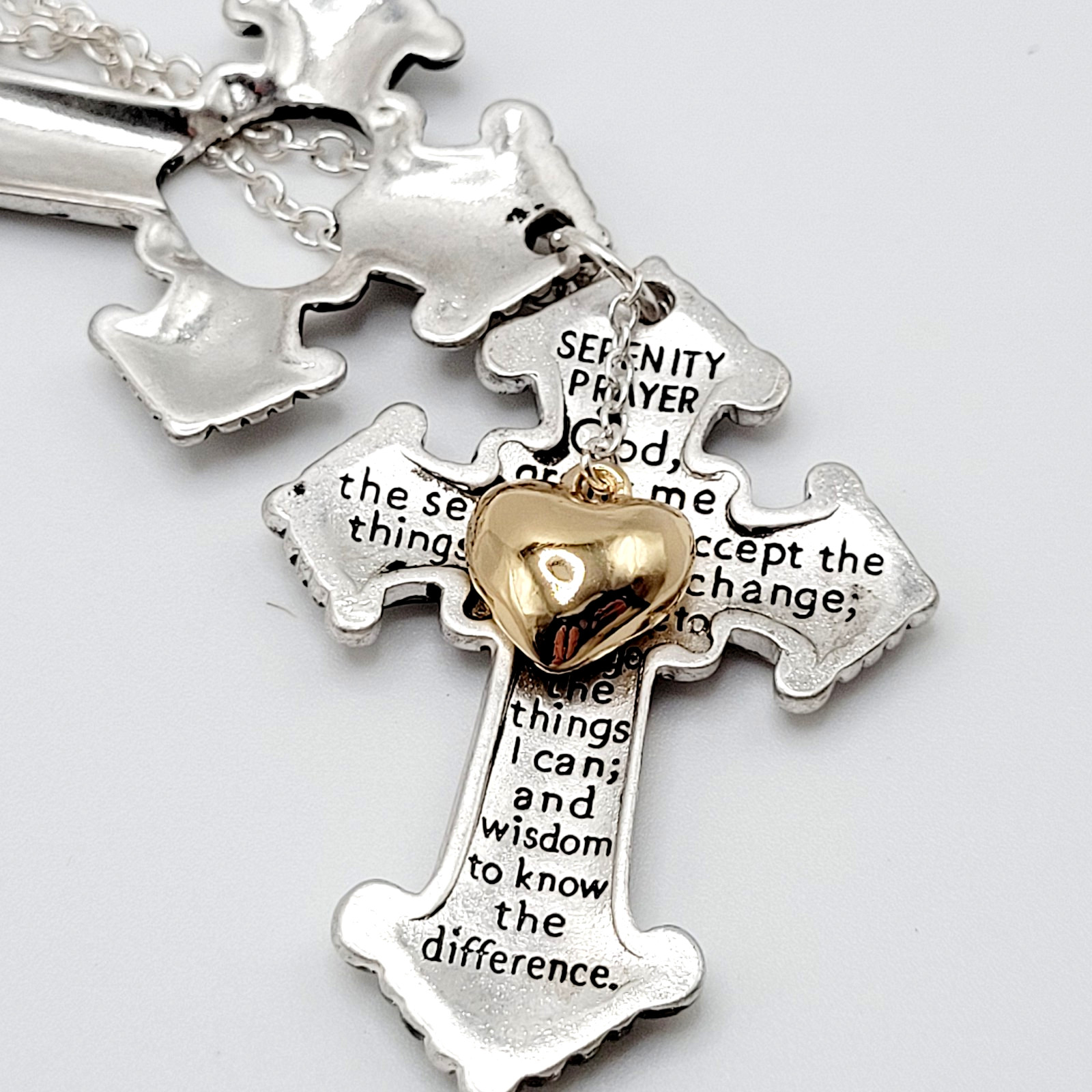 Modern Slide Cross Heart Charm Serenity Prayer Roman Style Silver Tone Necklace