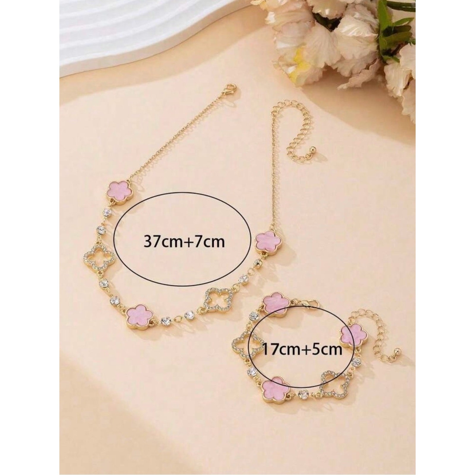 New Gold and Pink Clover Necklace and Bracelet Set