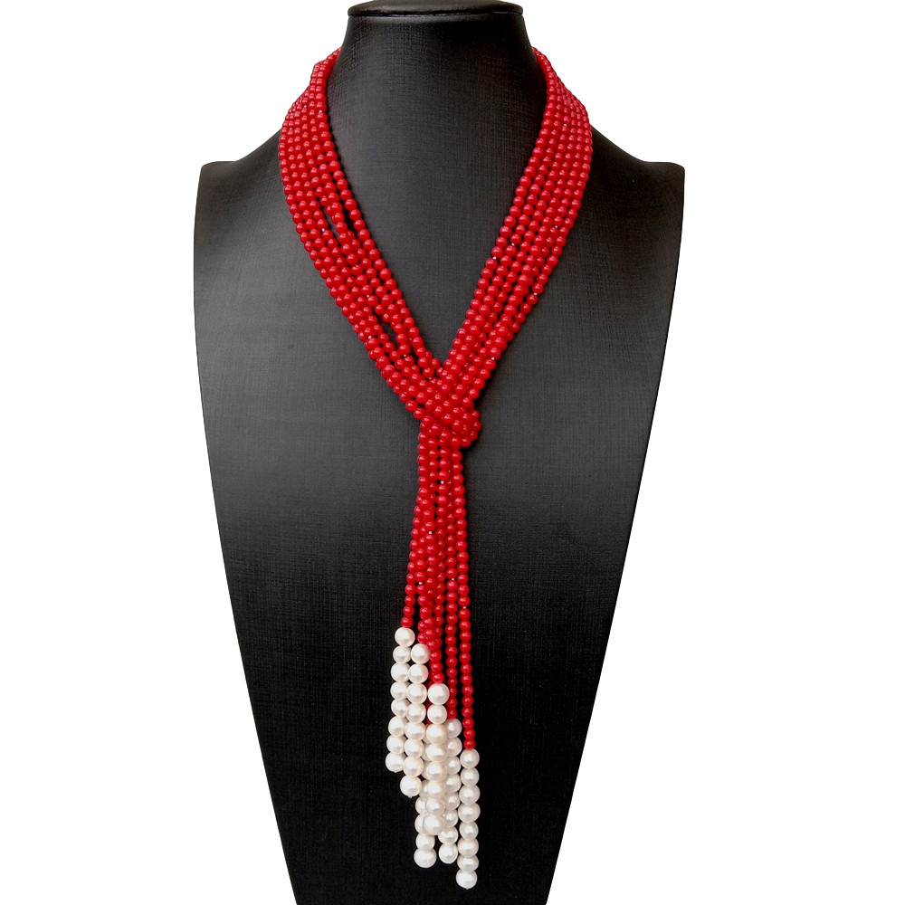3 Rows Red Coral Cultured White Pearl Lariat Long Necklace 50″