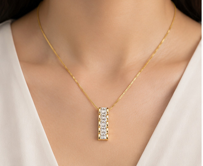 Elegant Bar Pendant Necklace–Round Cut Simulated Diamond 14K Yellow Gold Plated