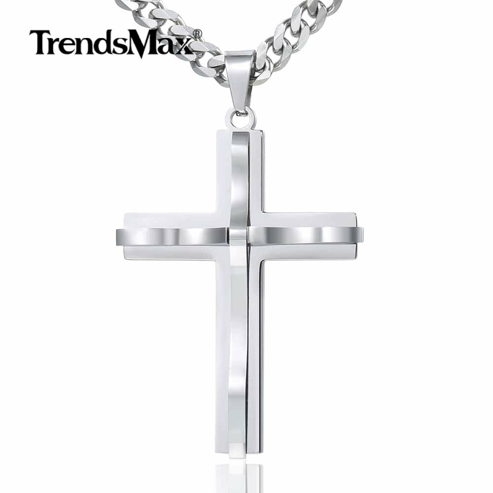 Silver Mens Cross Pendant Necklace 5mm 18-36” Stainless Steel Curb Cuban Chain
