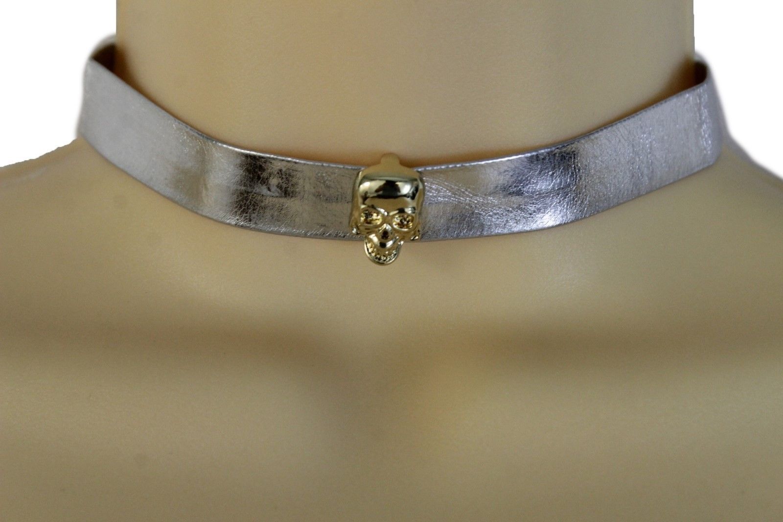 Hot Women Skinny Band Metallic Silver Choker Fashion Jewelry Necklace Gold Skull