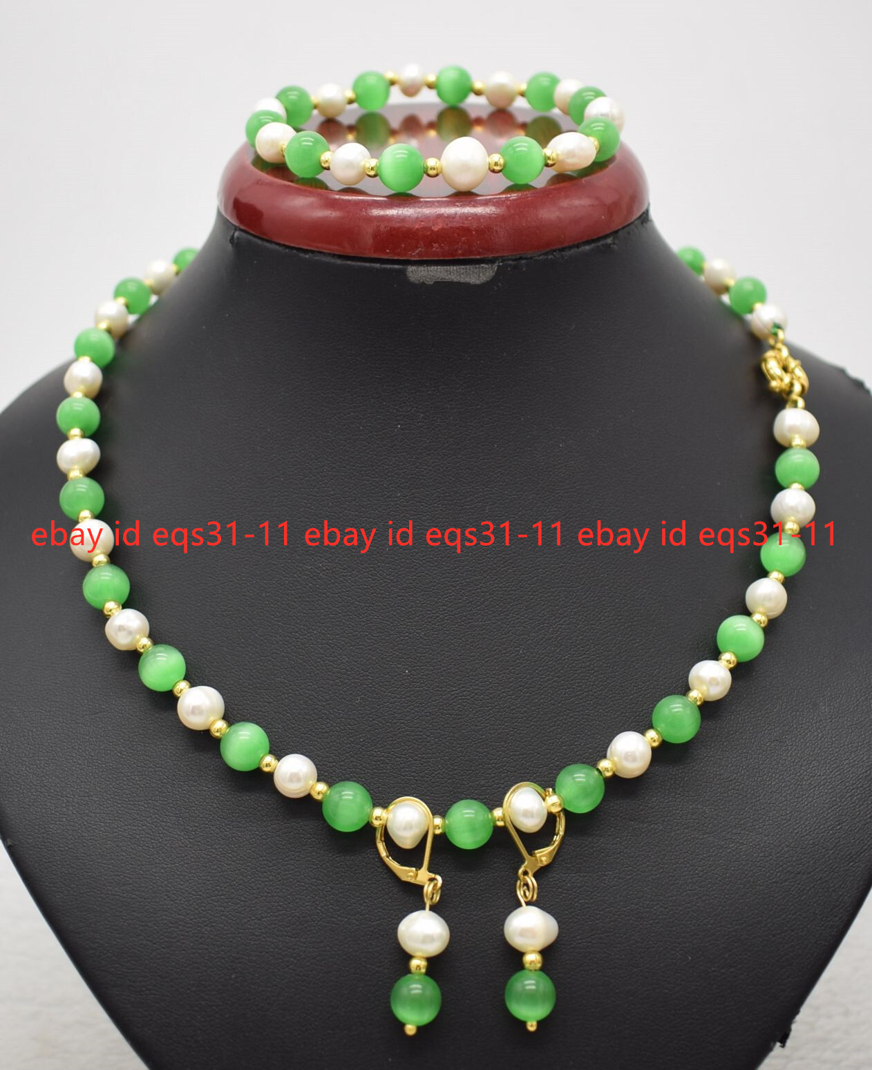 8mm Green Jade & 7-8mm White Cultured Pearl Necklace Bracelet Earrings Set 18”