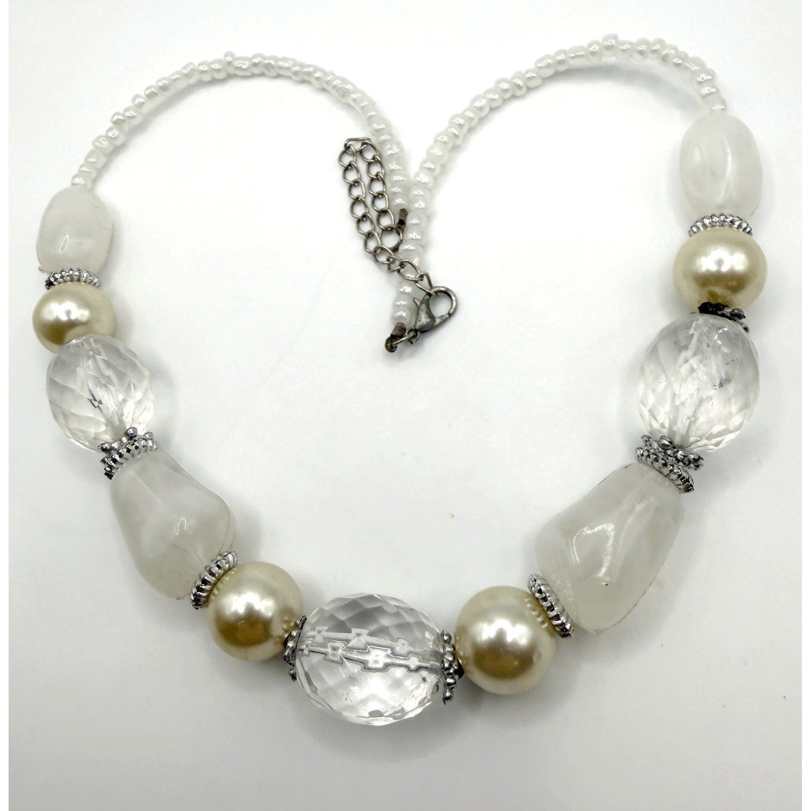 Vintage Chunky Faux Pearl & Clear Crystal Statement Necklace 20″