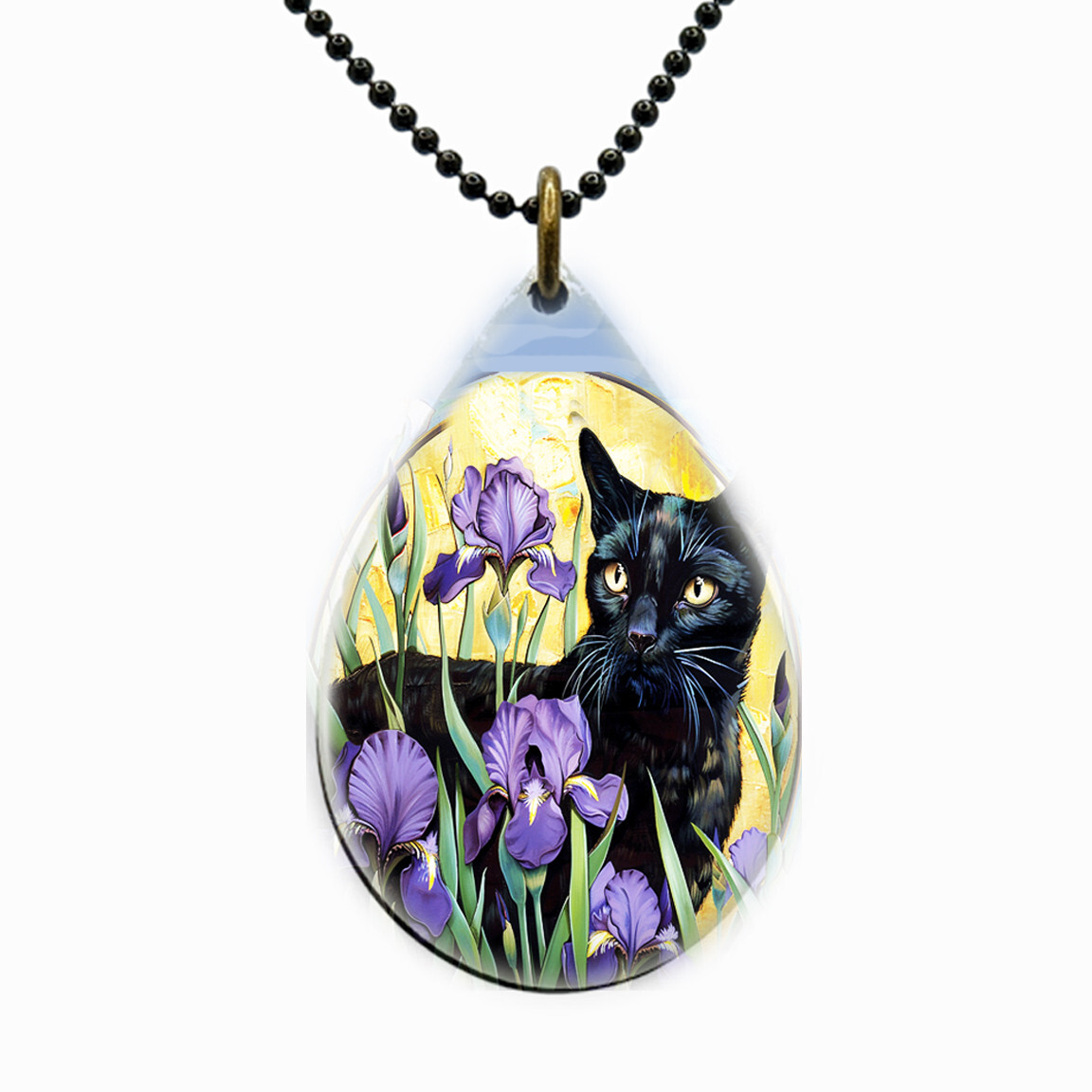 Black Cat Necklace NO PLATING NO TARNISHING Teardrop Full Moon Iris Garden