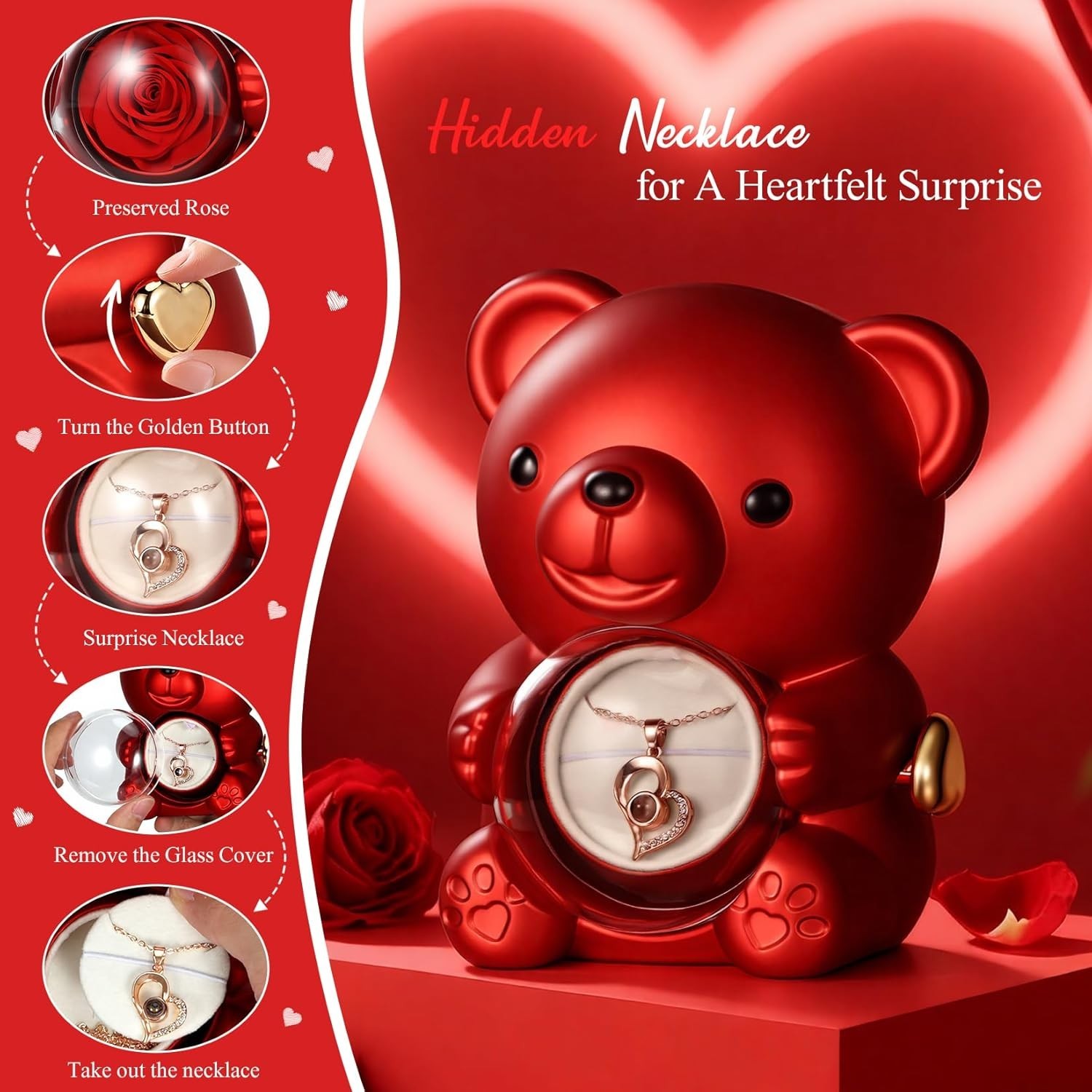 Valentines Day Gifts for Her,Cute Teddy Bear with Preserved Rose,Hidden Surprise