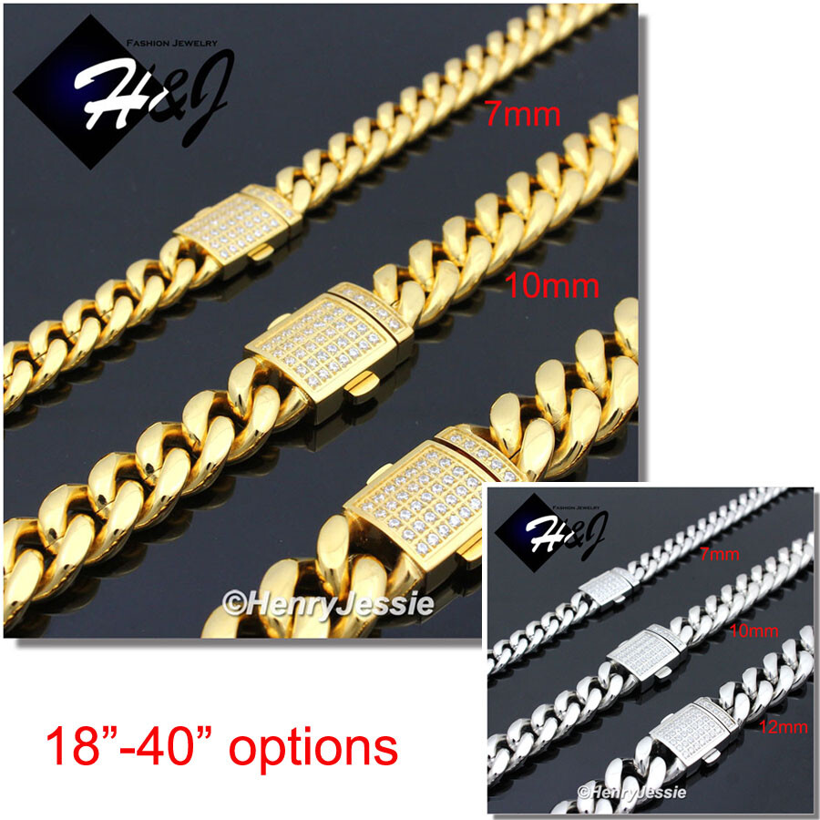 18″-40″Stainless Steel 7/10/12mm Silver/Gold Plated CZ Cuban Curb Necklace*N165