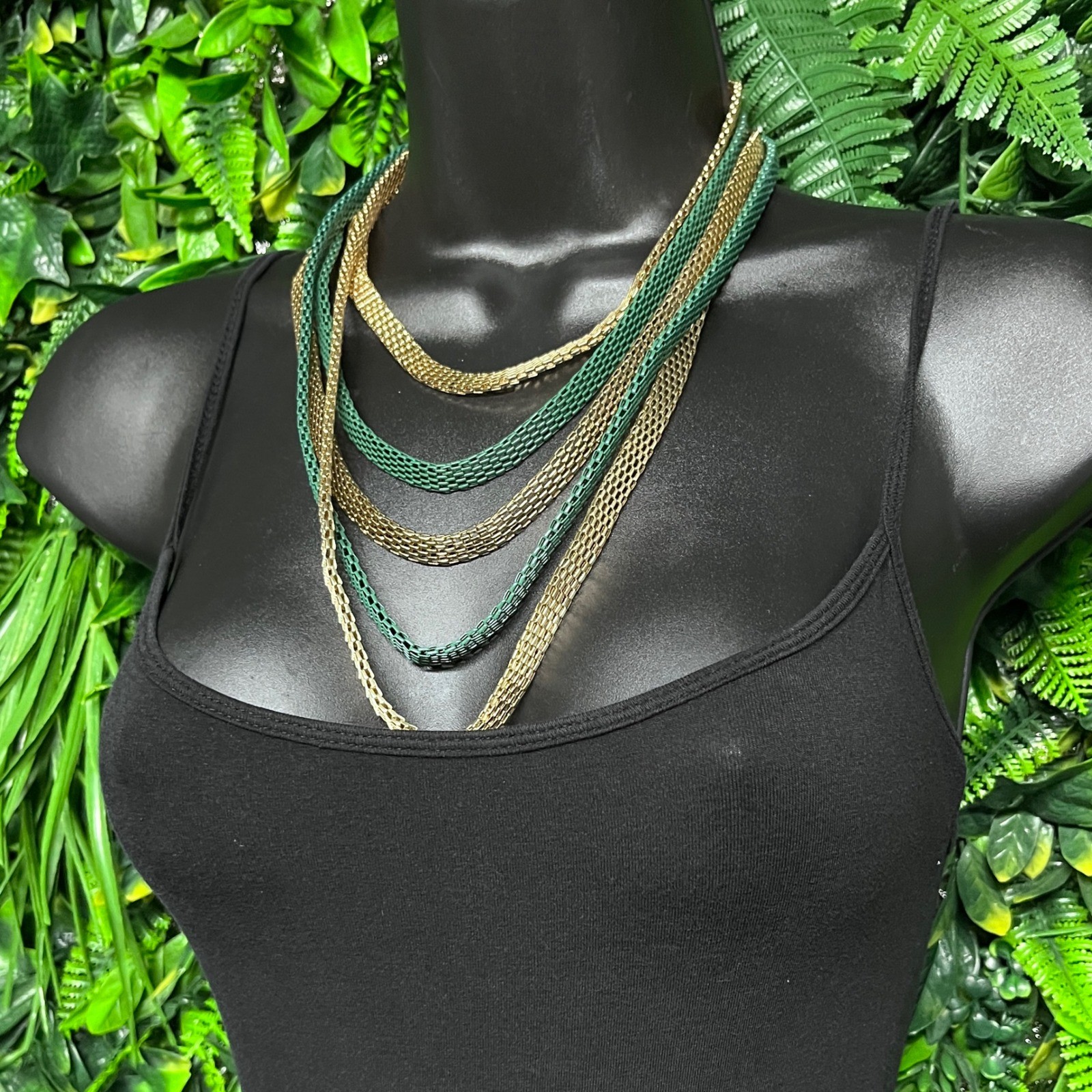 Statement Bib Necklace Multi Strand Mesh Gold Emerald Green Tiered Chain 3817
