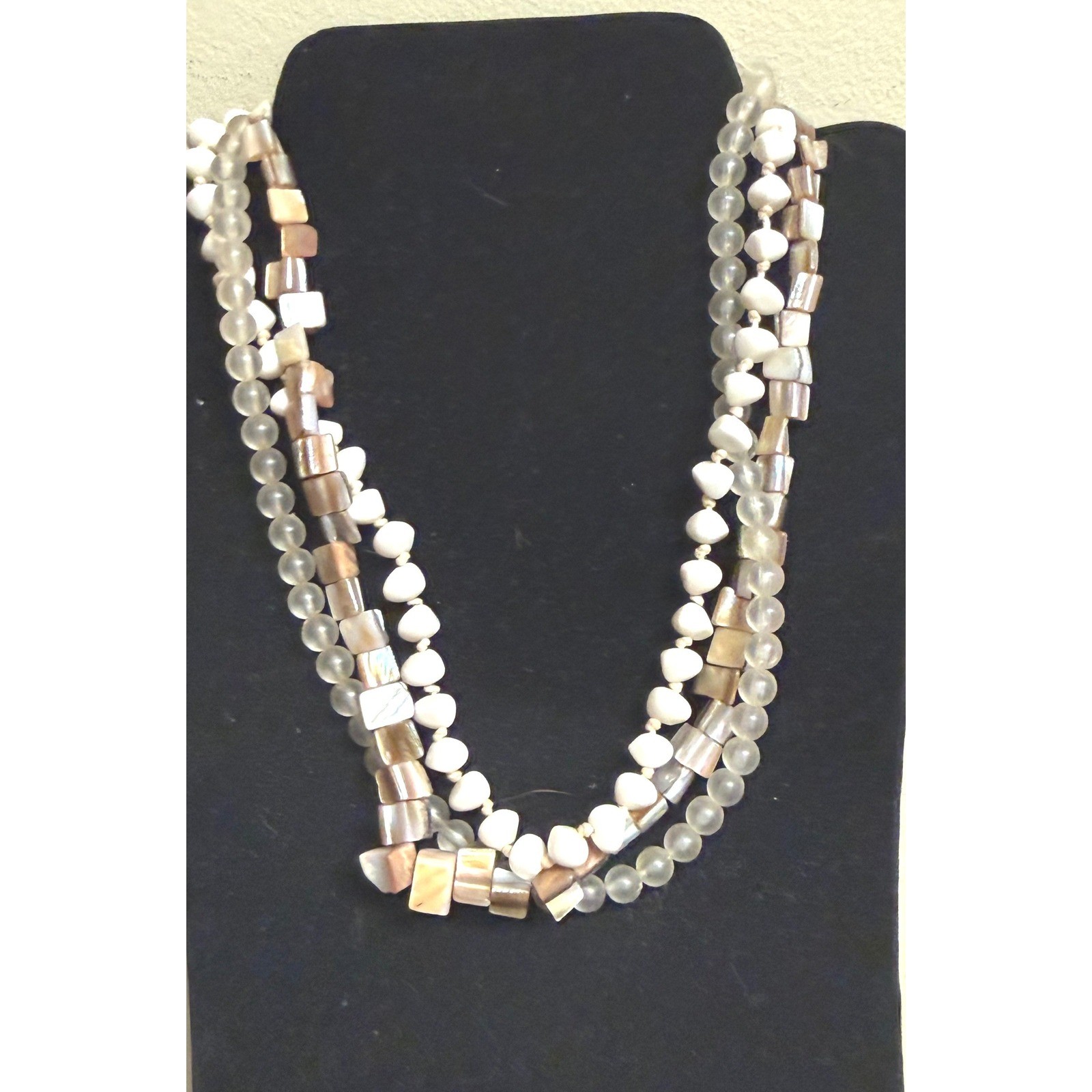 Multi Strand Mother of Pearl Shell and Frosted Bead Layered Necklace Boho