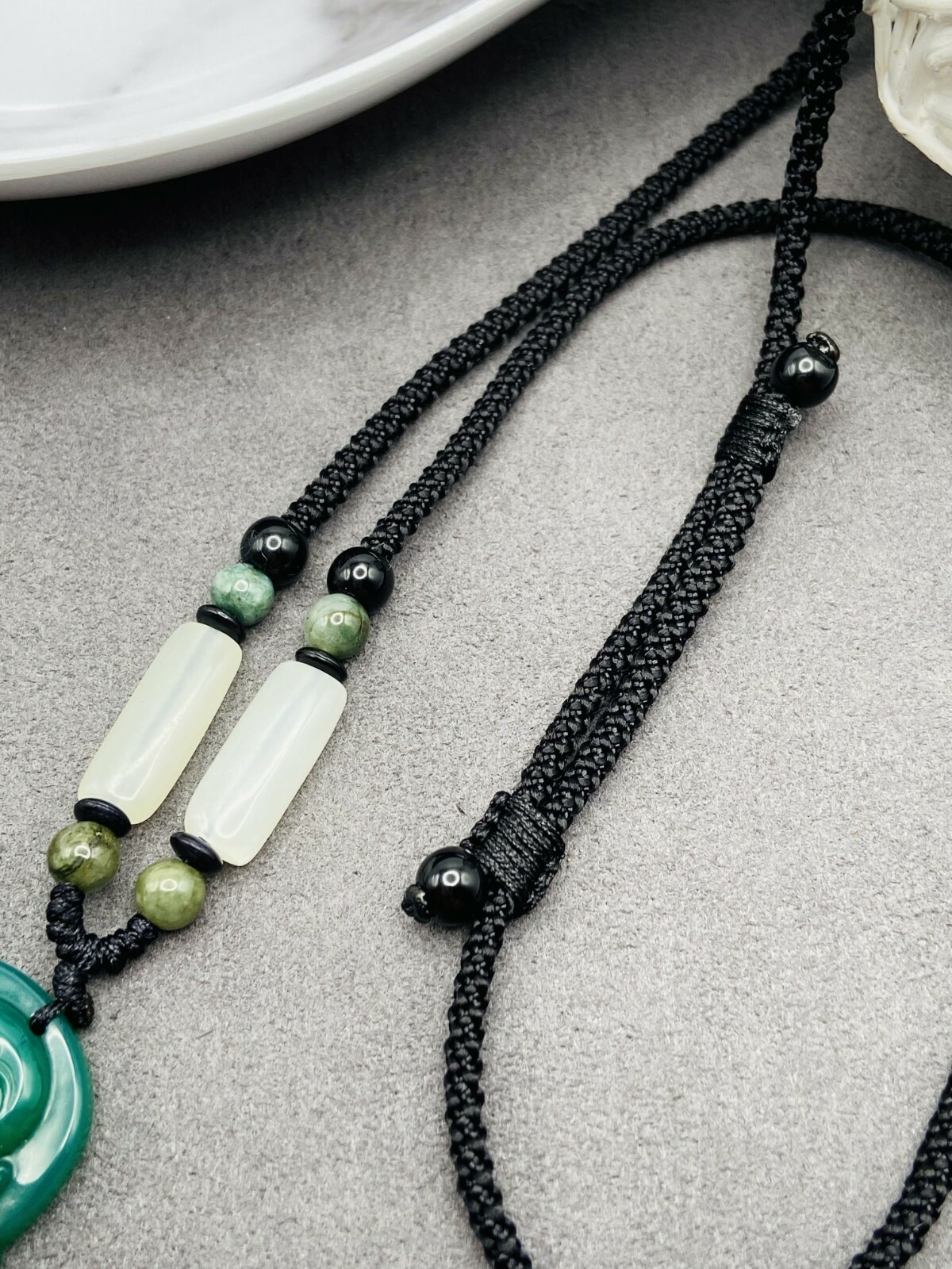 Jade Buddha Charm Pendant Necklace W/ Beads Cord Handmade Carved Green Gemstone