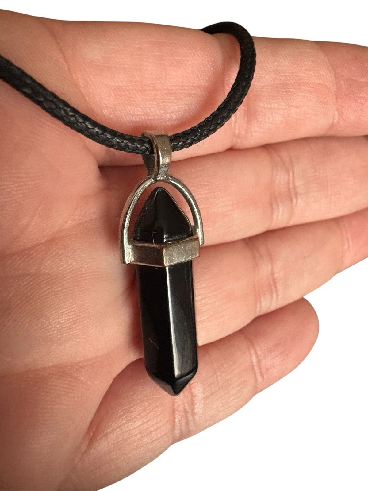 Black & Rose Quartz Point Pendant Necklace – Double Crystal, Faux Leather Cord
