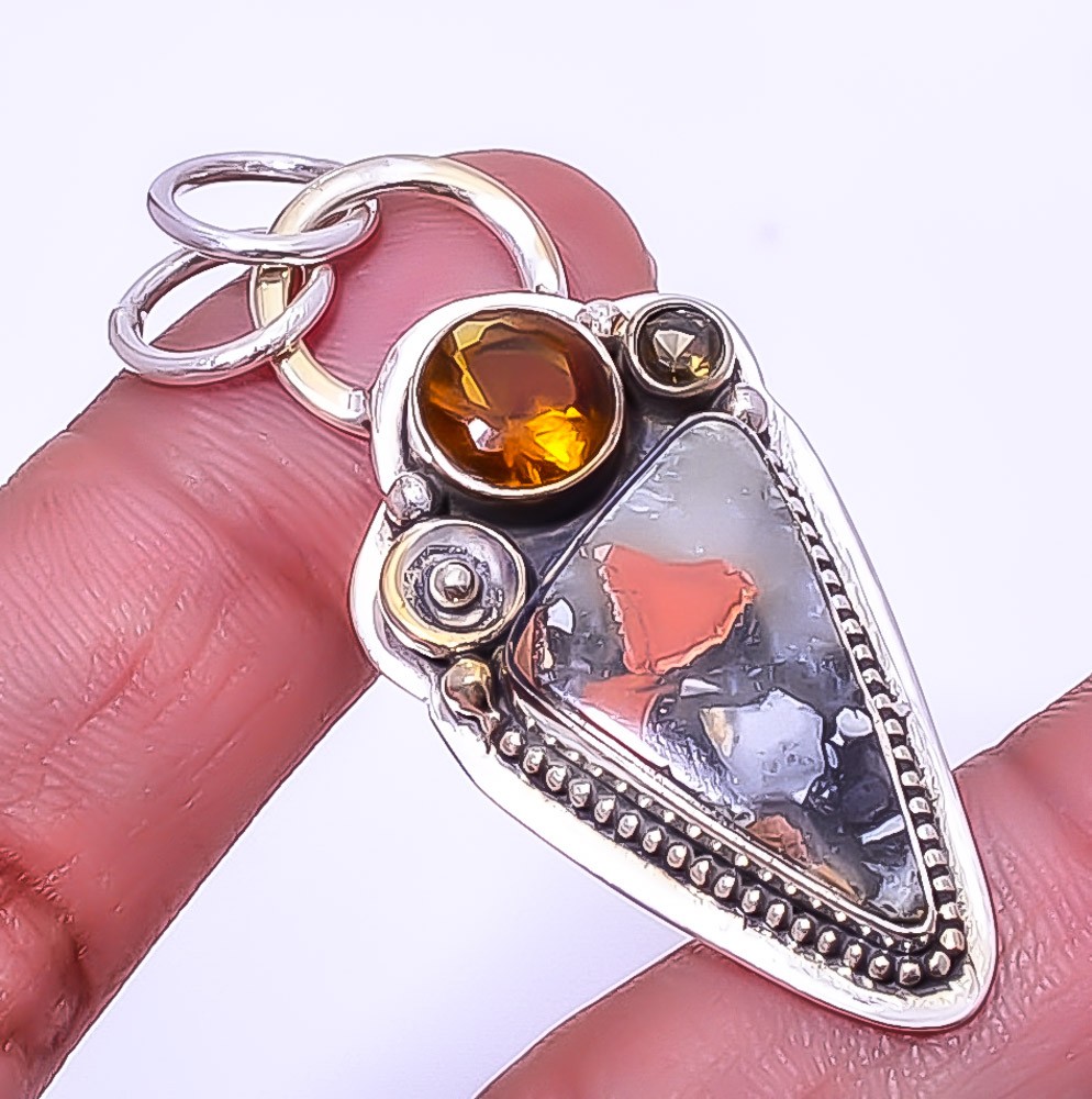 Malingano Jasper & Smoky Quartz Gemstone 925 Sterling Silver Pendant 1.95″ A399