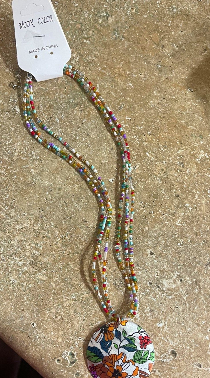 Moon Color Multicolor Glass Bead Ball Chain Necklace Round Floral Charm Pendant