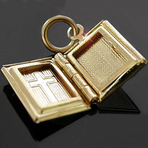 14k GOLD GL BIBLE shaped Hand Engraved Opening Pendant / Locket + LIFETIME GUAR