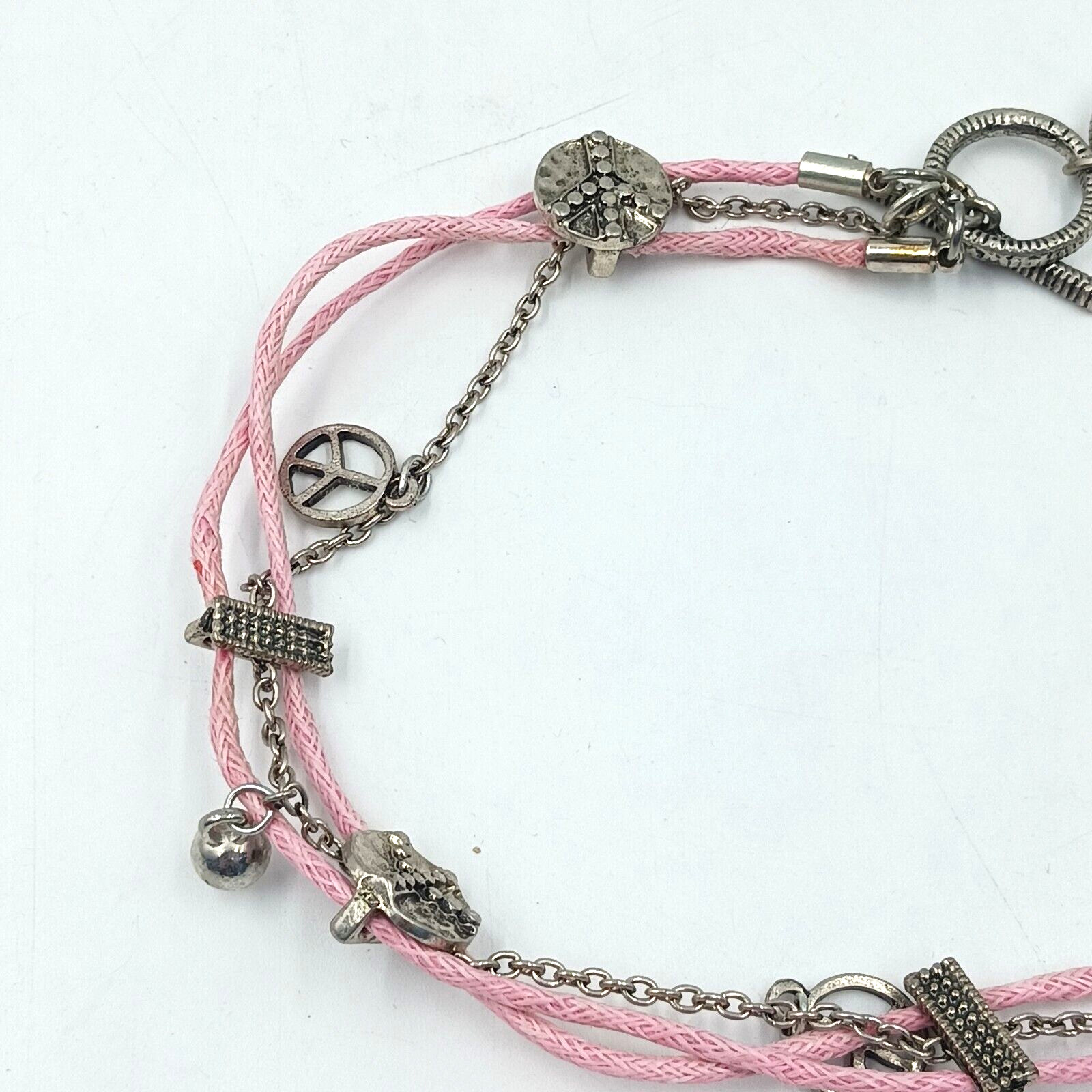 TYJ Collection Choker Necklace Peace Signs Corded And Chain Layered Pink 14″