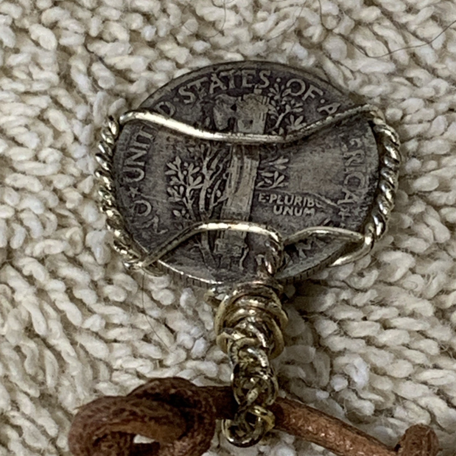 Wire Wrapped United States One Dime Coin Pendant Necklace Brown Leather Cord