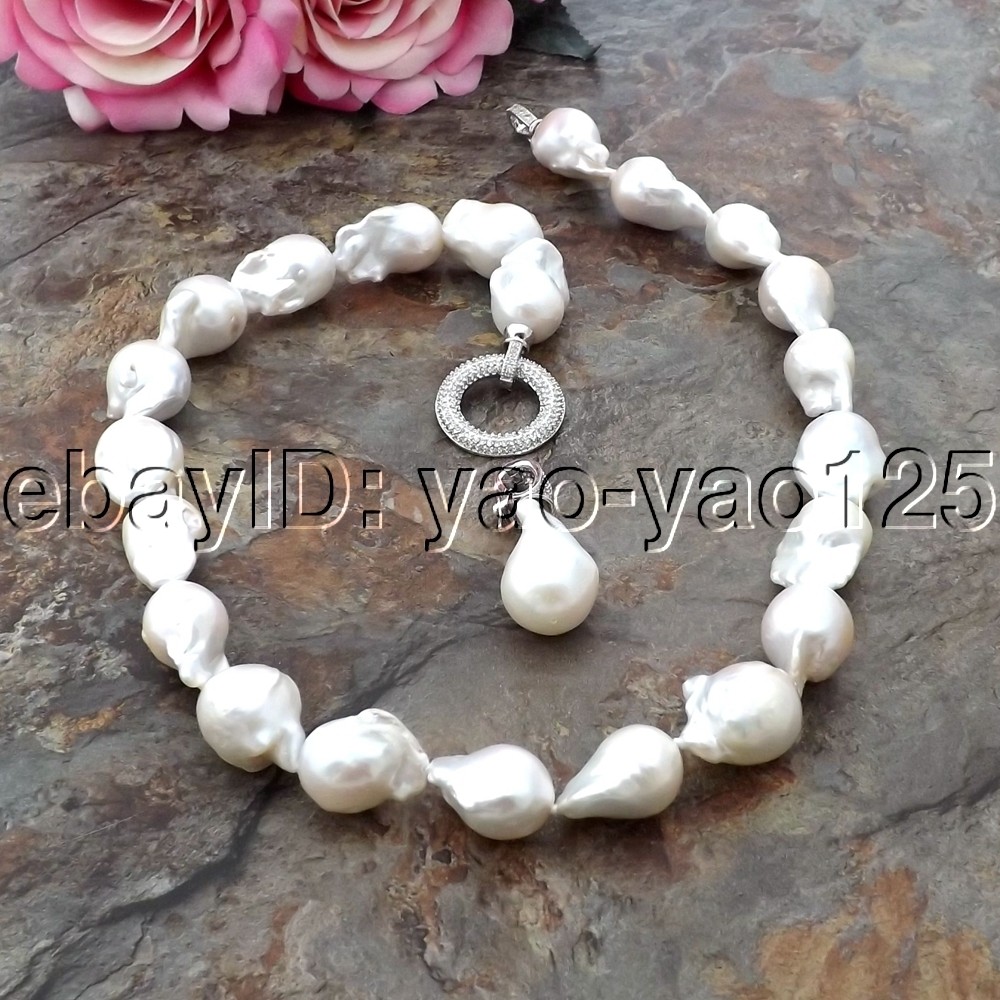 K093005 20″ White Keshi Pearl Necklace CZ Pendant