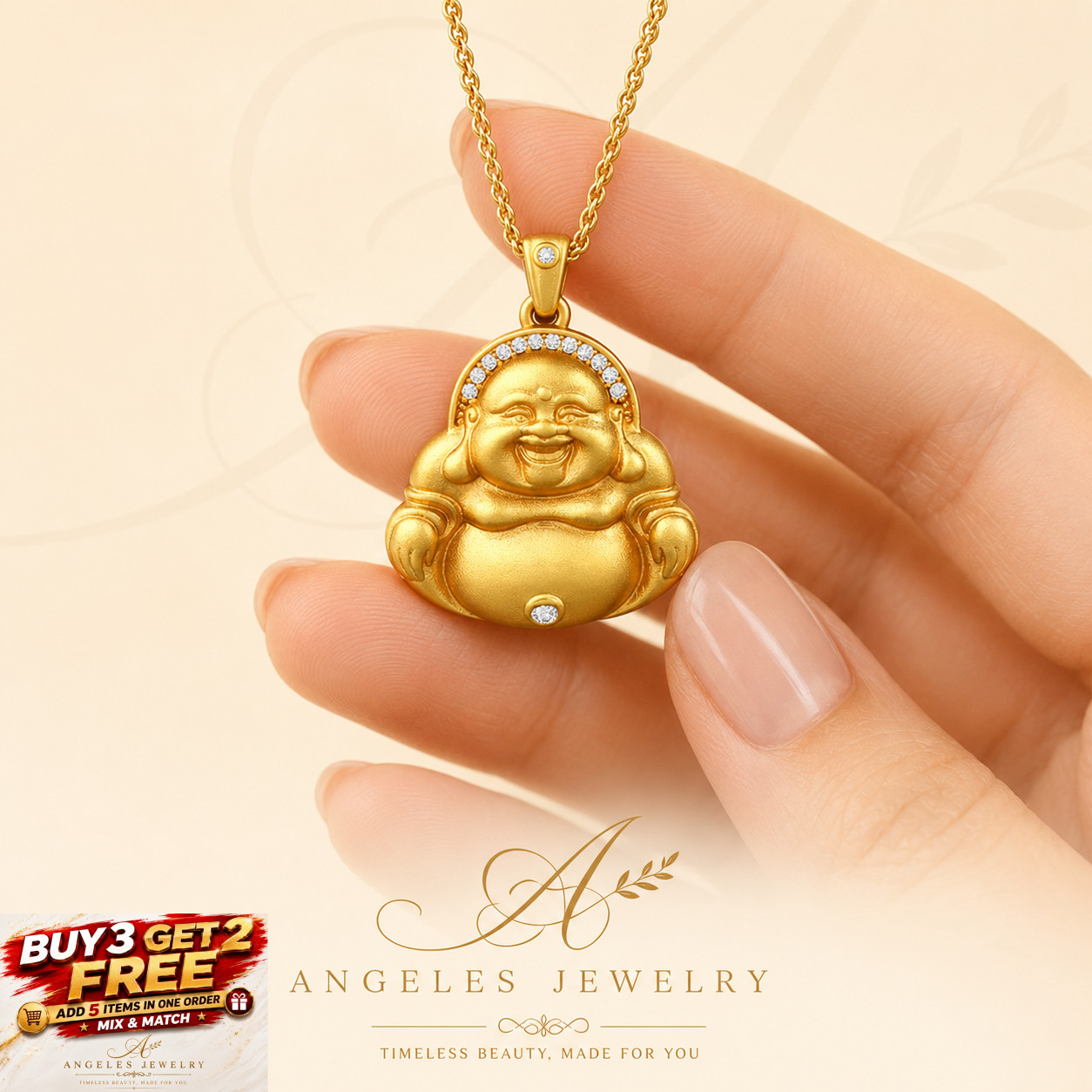 Buddha Pendant Necklace 18K Gold Plated Ethnic Crystal Gemstone Jewelry Gift