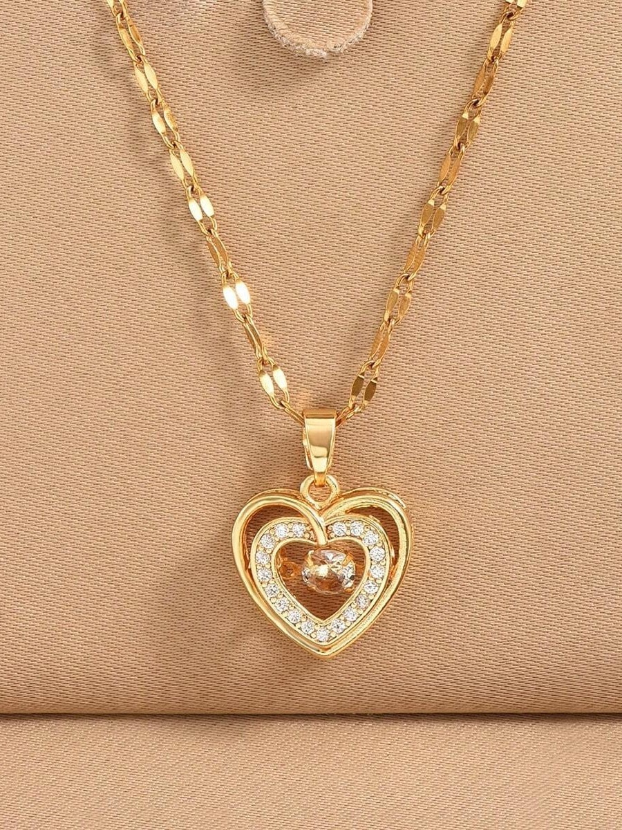 Gold Heart Necklace Movable CZ Pendant Stainless Steel Women Jewelry Gift
