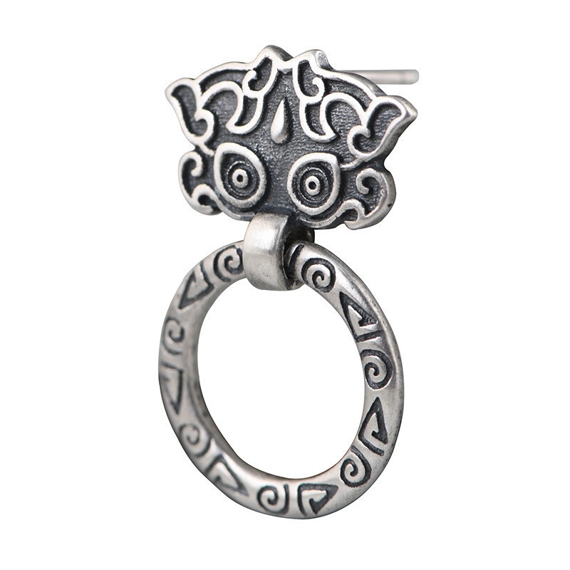 THAI Door Knocker Earrings Ornate Dangle Hoop Vintage Stud S925 Sterling Silver