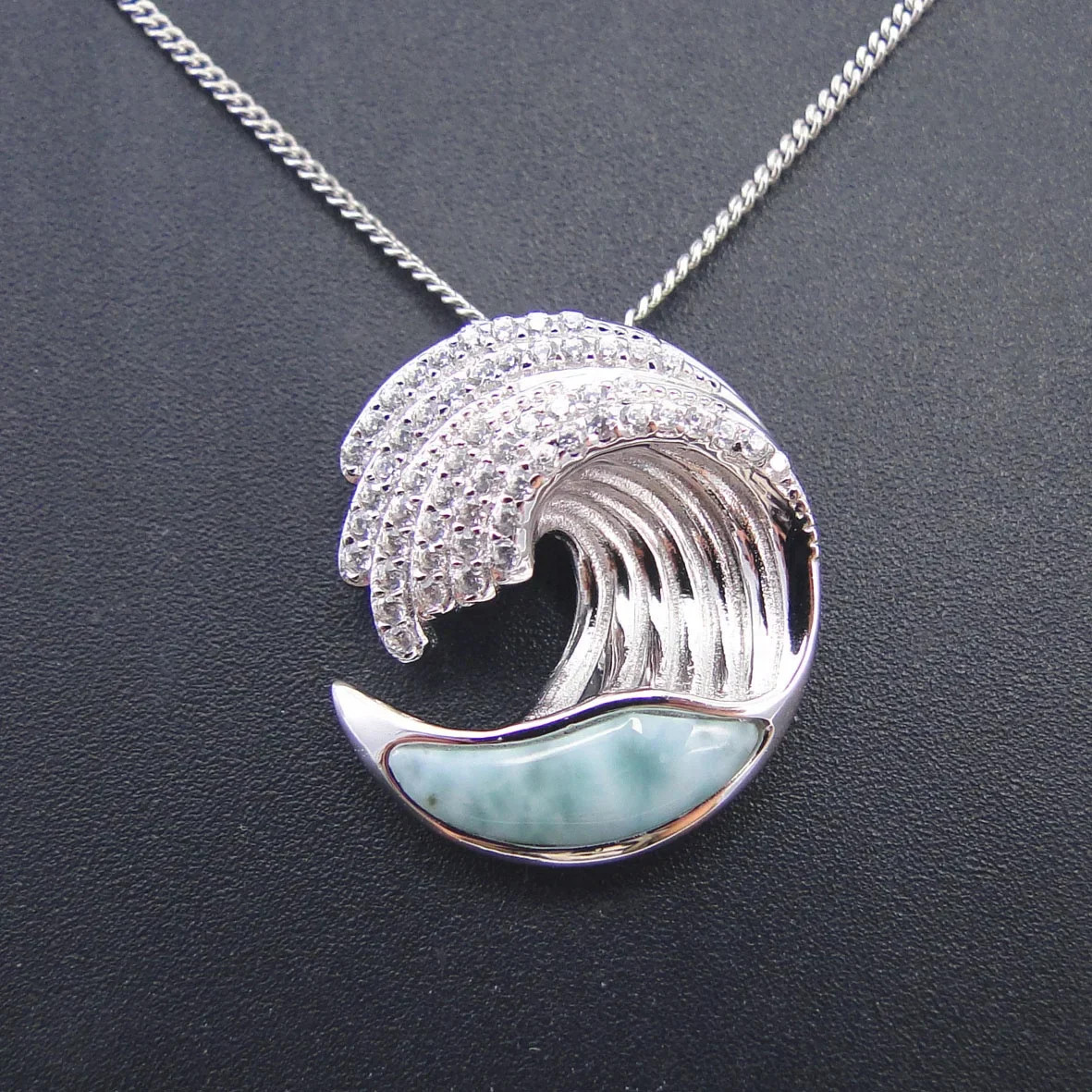 100% 925 Sterling Silver Ocean Sealife Wave Larimar Pendant Necklace Natual
