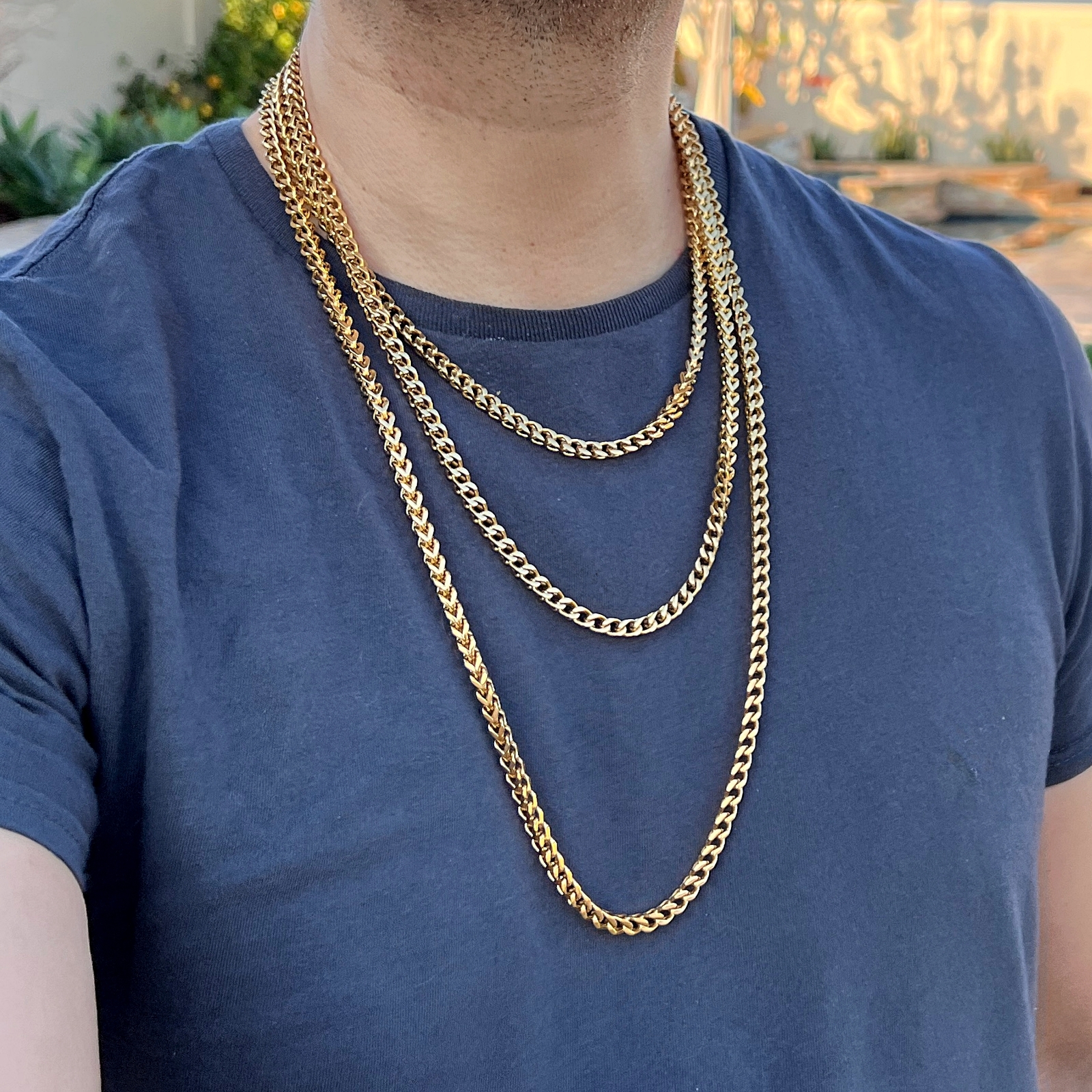 18K Gold Plated Stainless Steel Franco Chain Foxtail 20″-30″ Solid Necklace 5MM