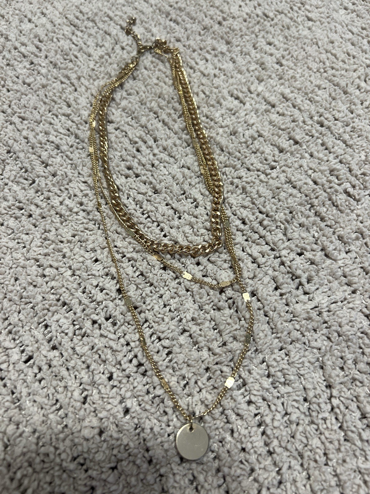 Gold Tone Layered Chain Pendant Necklace No Stones Round Charm Undated Era