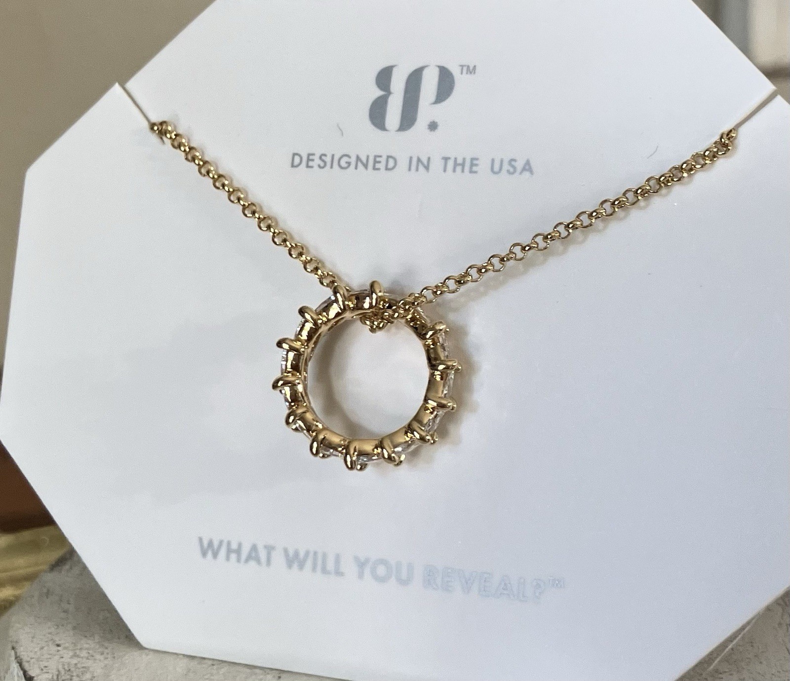 Bomb Party OG Necklace STUNNING DETAILS Diamond CZ Ring Band, Gold Chain NK75064