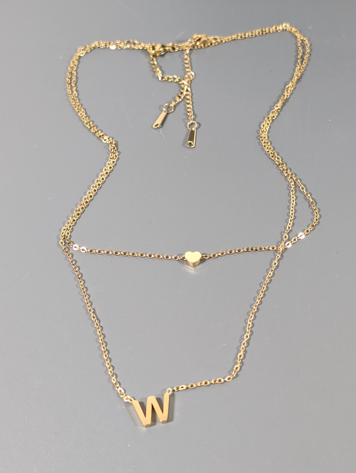 Set of 2 Gold Tone Initial Letter W Heart Dainty Chain Necklaces Layering 17-20″