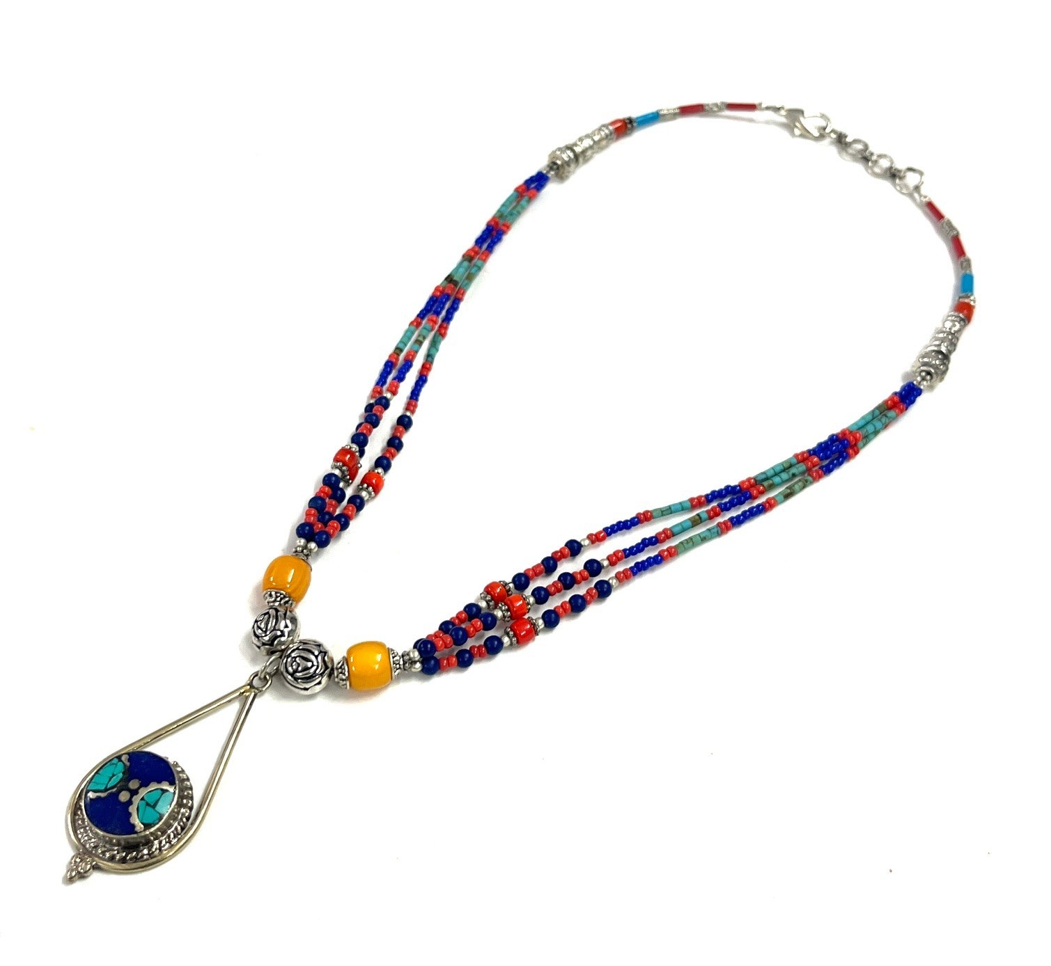 Vintage Lapis LAzuli Red Coral Gemstone Tibetan Necklace Jewelry, 18 Inch Adjust