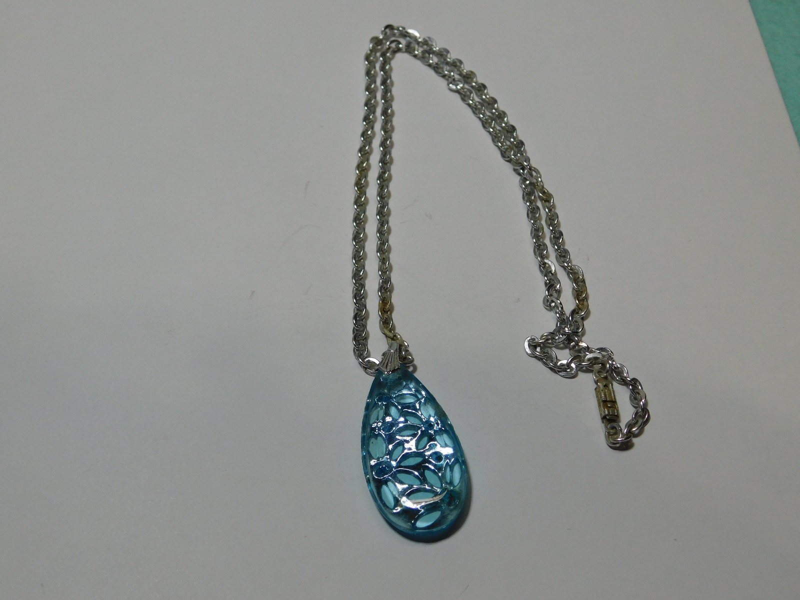 Vintage Silver Tone With Light Blue Stone 22″ Stamped “Germany” Pendant Necklace