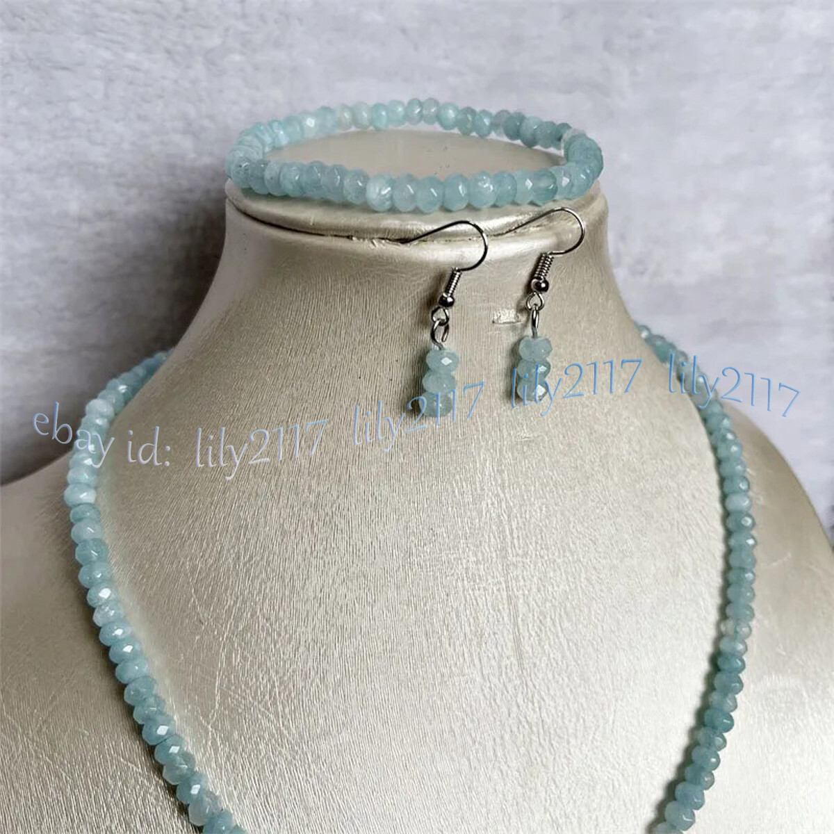 Faceted Aquamarine Natural Gems Rondelle Beads Necklace Bracelet Earrings Set