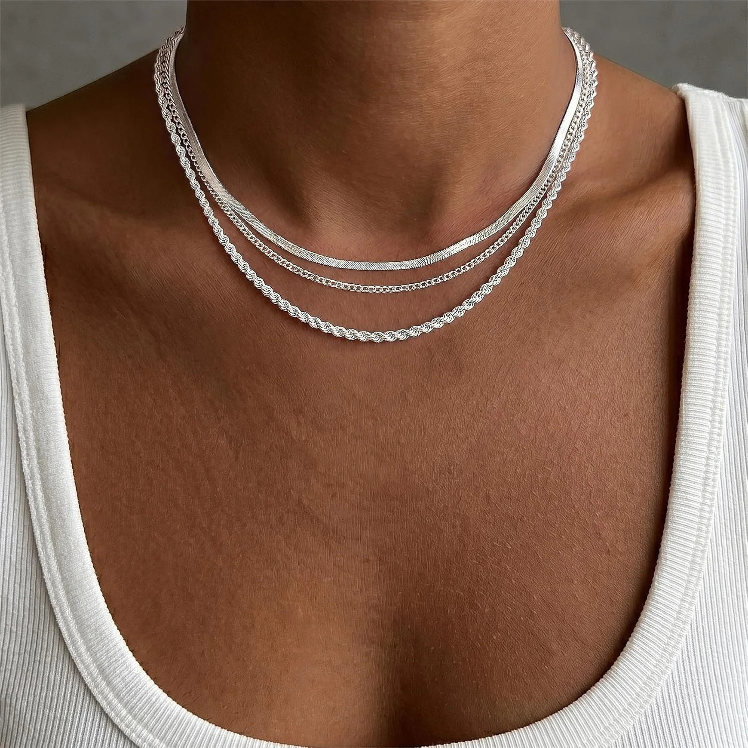 S925 Sterling Silver Plated Necklace Stack for Women,Waterproof Silver Layered H