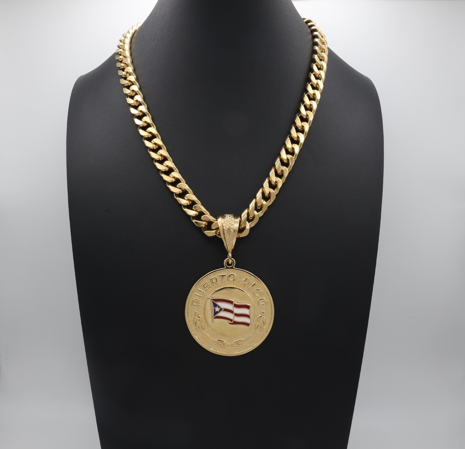 Gold Puerto Rico Flag Necklace Pendant Necklace 10mm Cuban Link Chain
