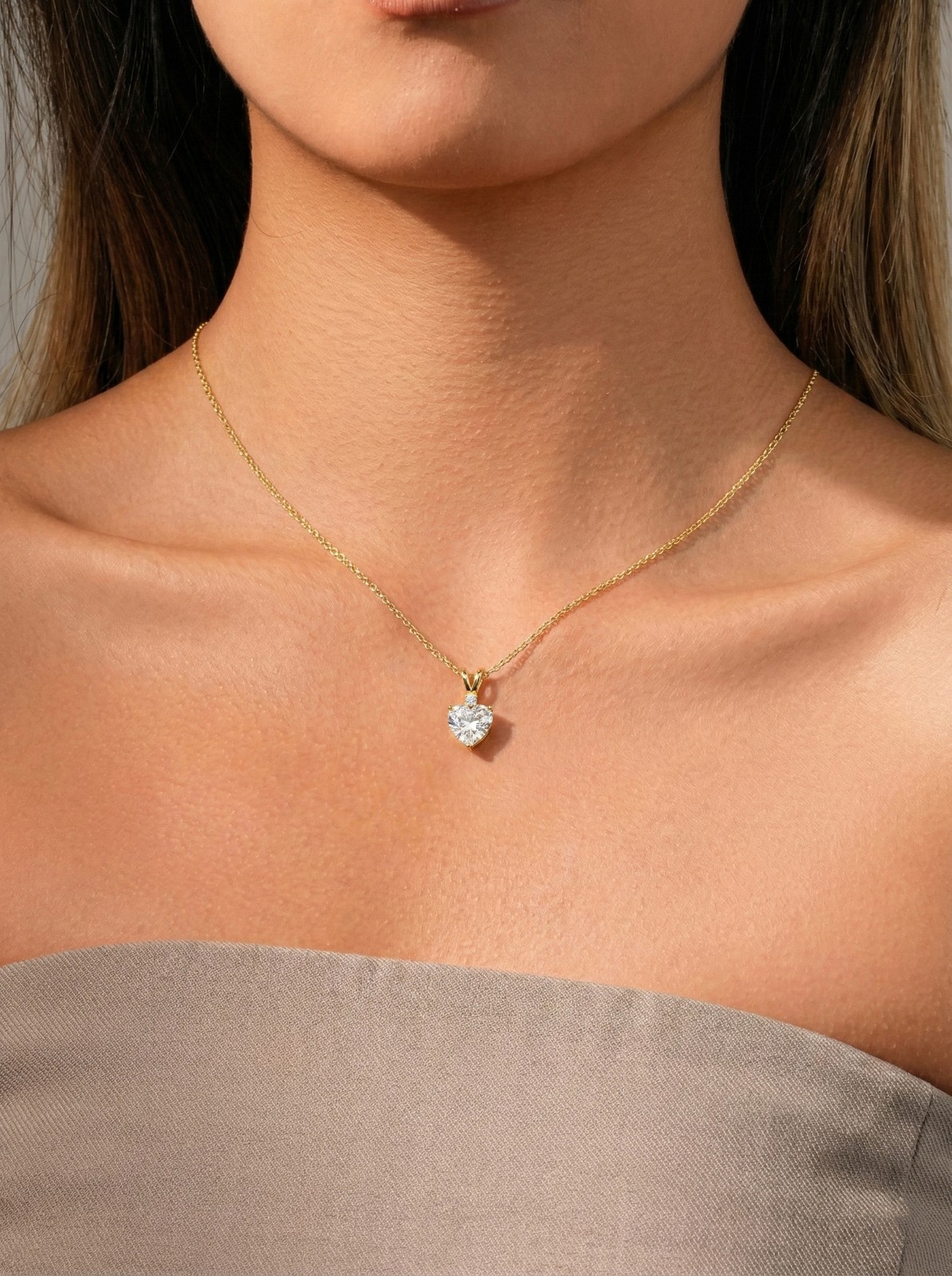 Gold Heart Necklace with Simulated Diamond, Romantic Diamond Pendant For Women