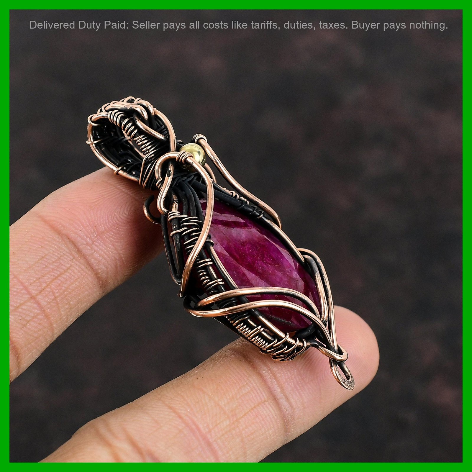 Copper Oval Kashmir Rubi Gemstone Anniversary Wire Wrapped Handcrafted Pendant