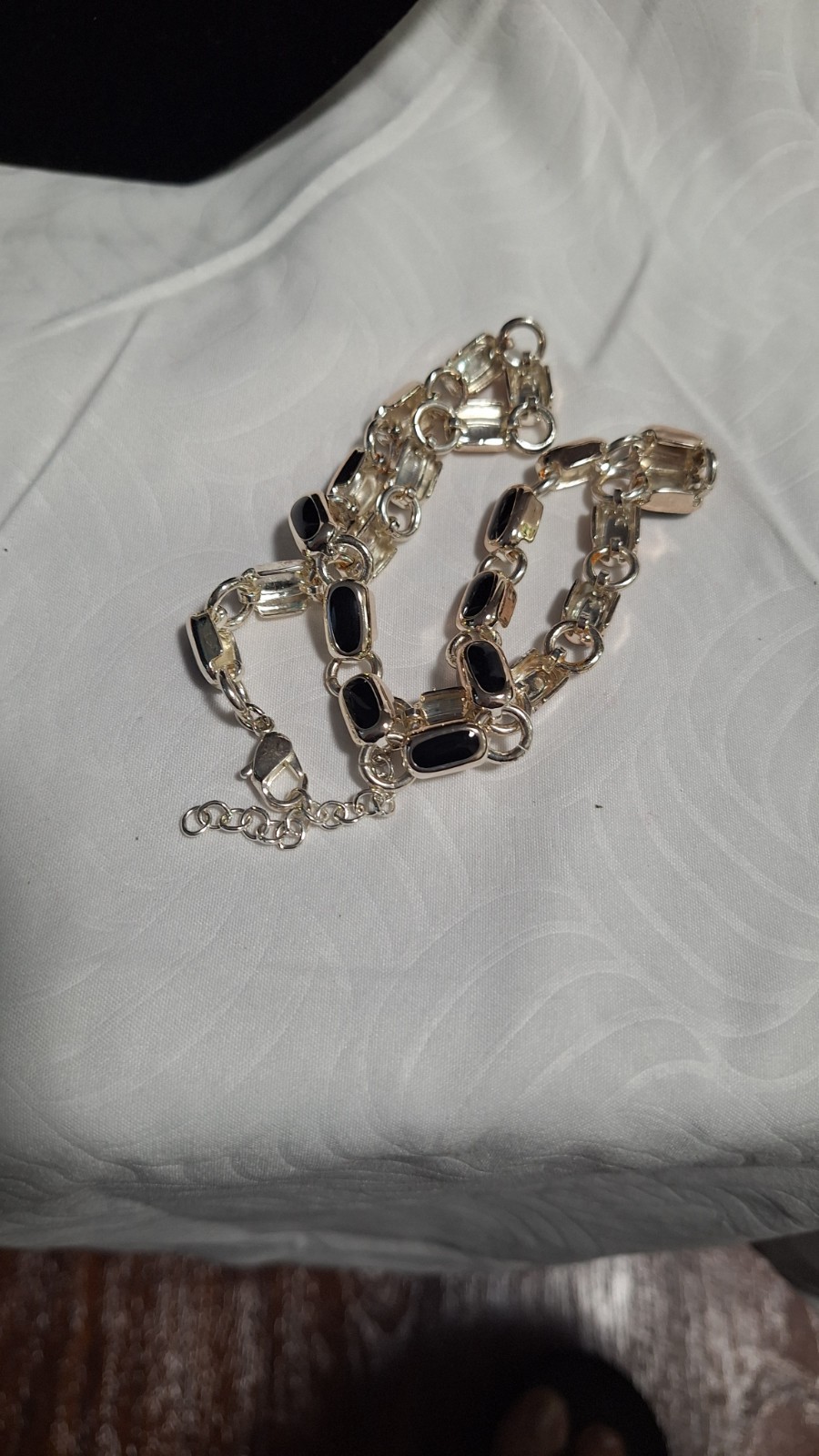 Silver Tone Oval Link Chain Necklace Black Accents Adjustable Lobster Clasp