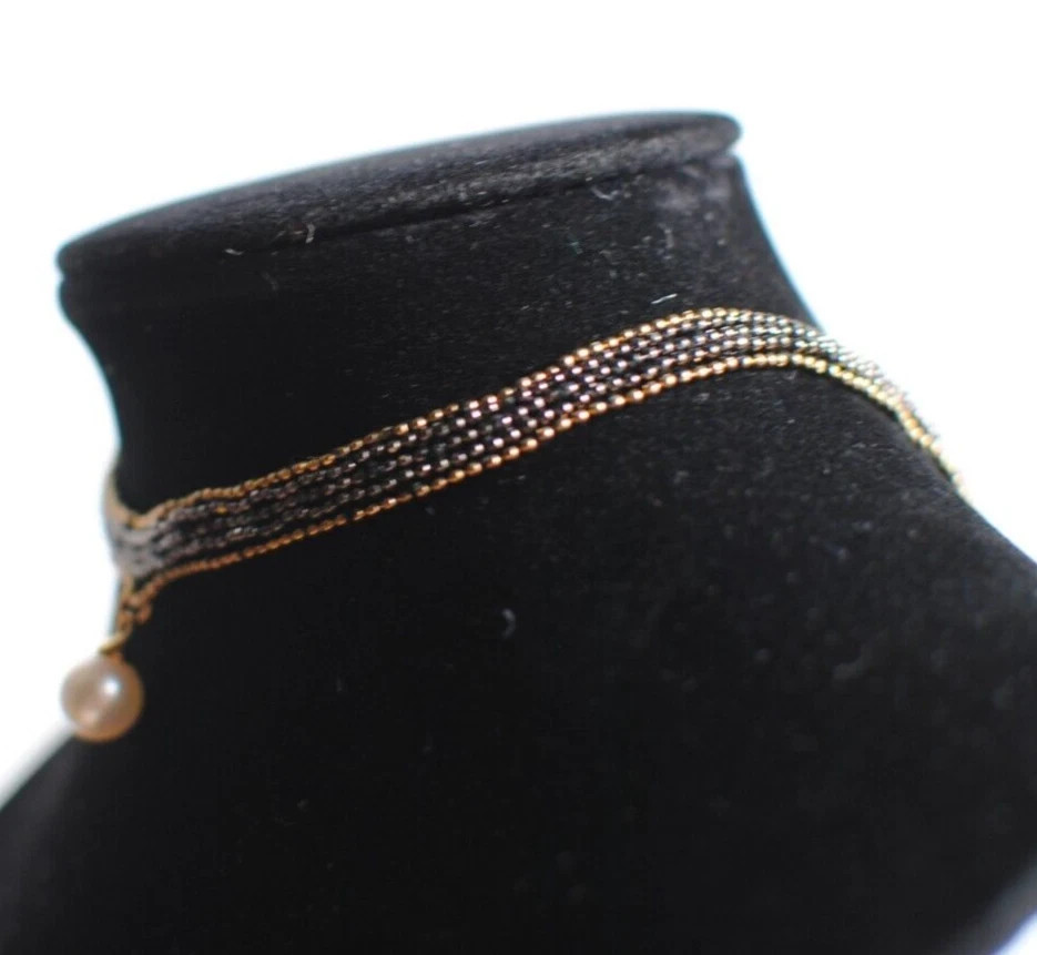Black & Gold Mesh Dainty Choker Necklace with Faux Pearl 5.5 in Across