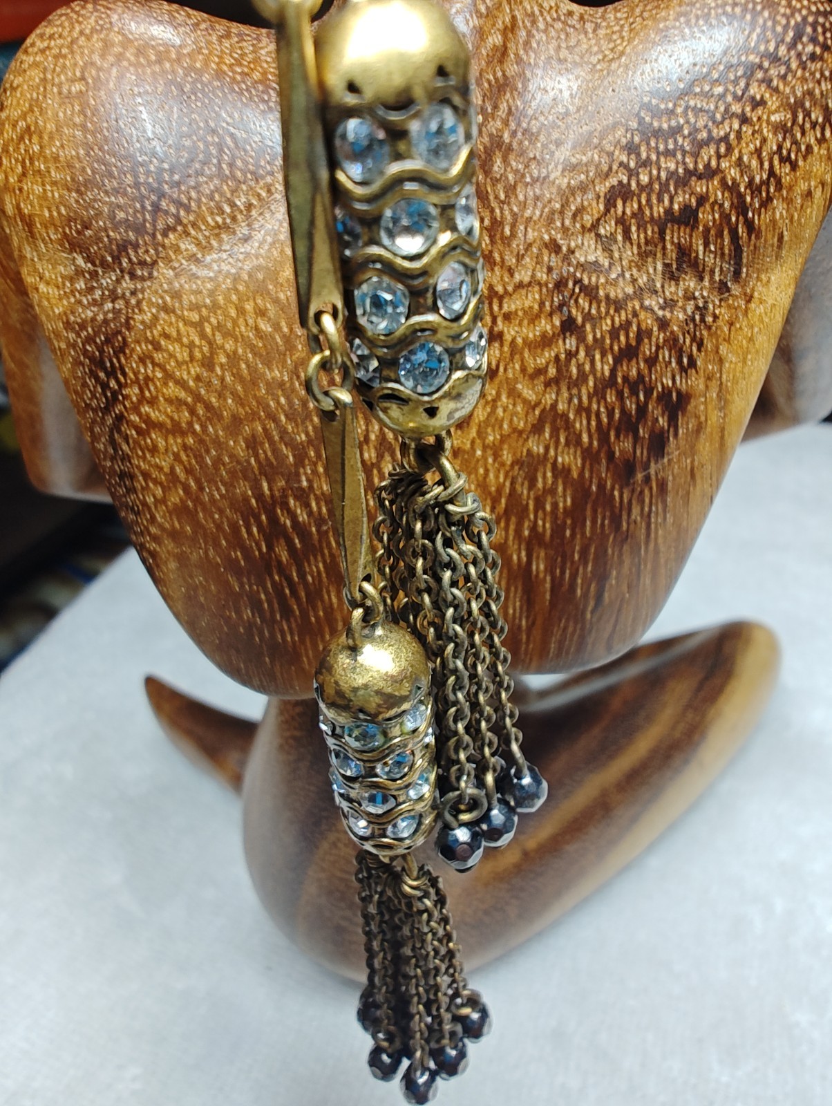 J Crew Brass Crystal Lariat Necklace Black Beads Round Rhinestone Tassel Pendant