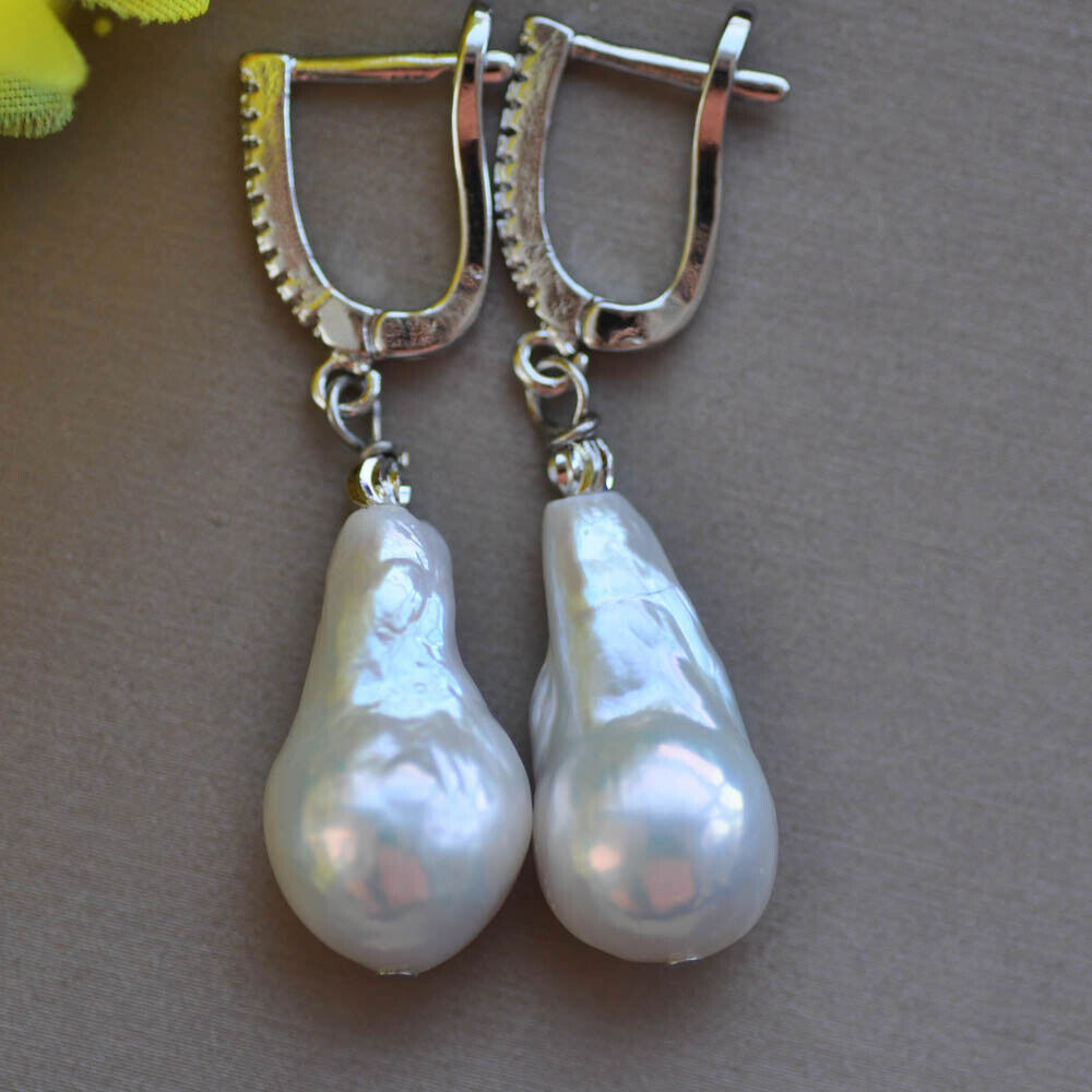 Natural 19mm White Tear-Drop Baroque Keshi Pearl CZ Dangle Earring