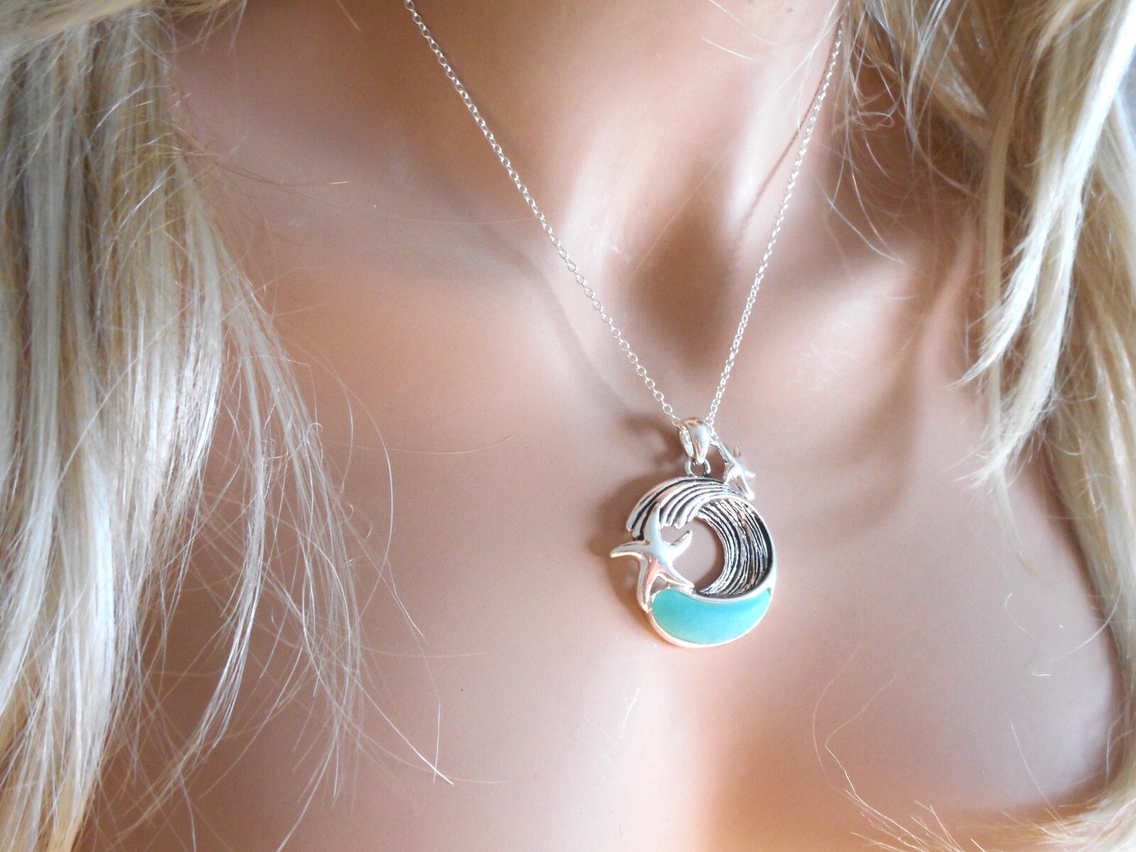 Sea Beach Glass Wave Starfish Pendant Women Necklace Earrings Set New