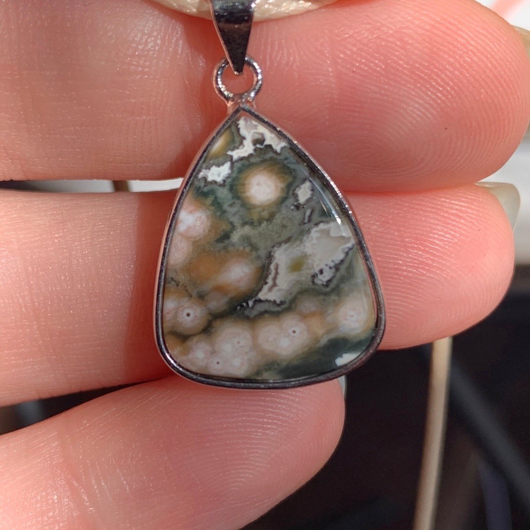 Ocean Jasper Pendant 19mm*15.6mm Corded necklace- Green, Peach & White With Orbs