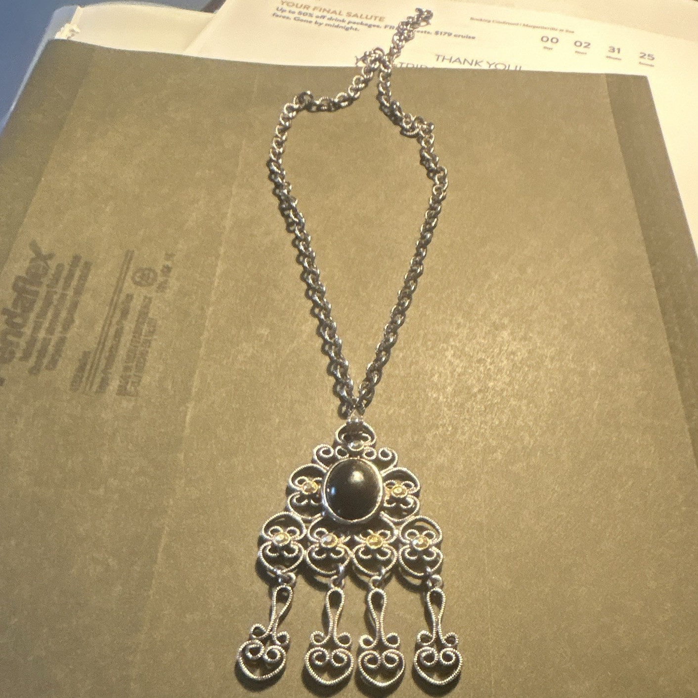 Silver Tone Metal Cable Chain Necklace Black Oval Cabochon Filigree Charm